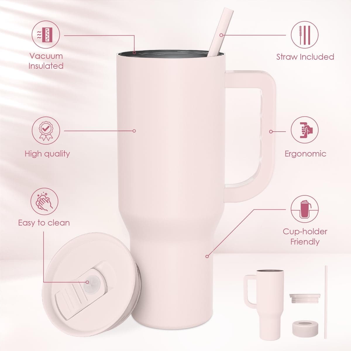 SANDJEST Pale Pink 40oz Tumbler with Handle and Straw thumbnail 2