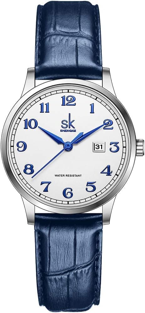 SHENGKE SK Classic Business Women Watches with Stainless Steel Band and Genuine Leather Elegant Ladies Calendar Watch (Arabic Number-Blue Leather) : Clothing, Shoes &amp; Jewelry — Spring Gift Ideas gift idea