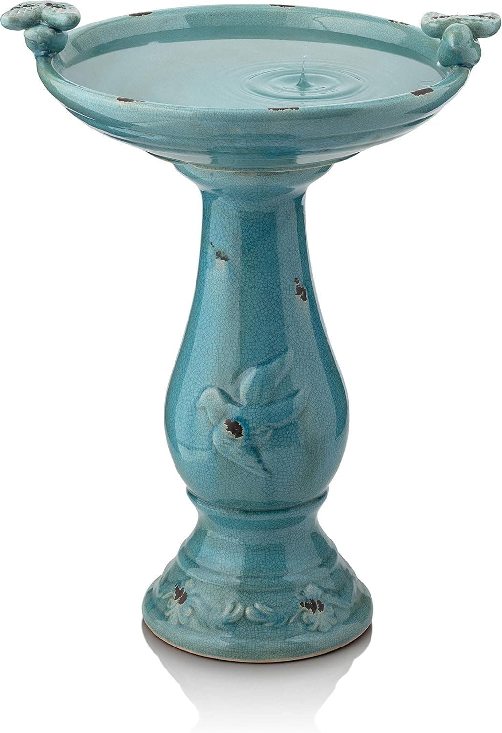 Alpine Corporation 25" Tall Outdoor Ceramic Antique Pedestal Birdbath with 2 Bird Figurines, Turquoise — Spring Gift Ideas gift idea