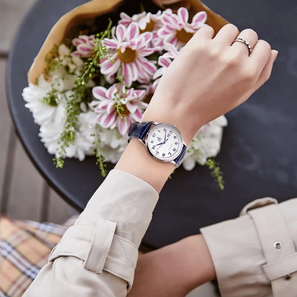 SHENGKE SK Classic Business Women Watches with Stainless Steel Band and Genuine Leather Elegant Ladies Calendar Watch (Arabic Number-Blue Leather) : Clothing, Shoes &amp; Jewelry thumbnail 5
