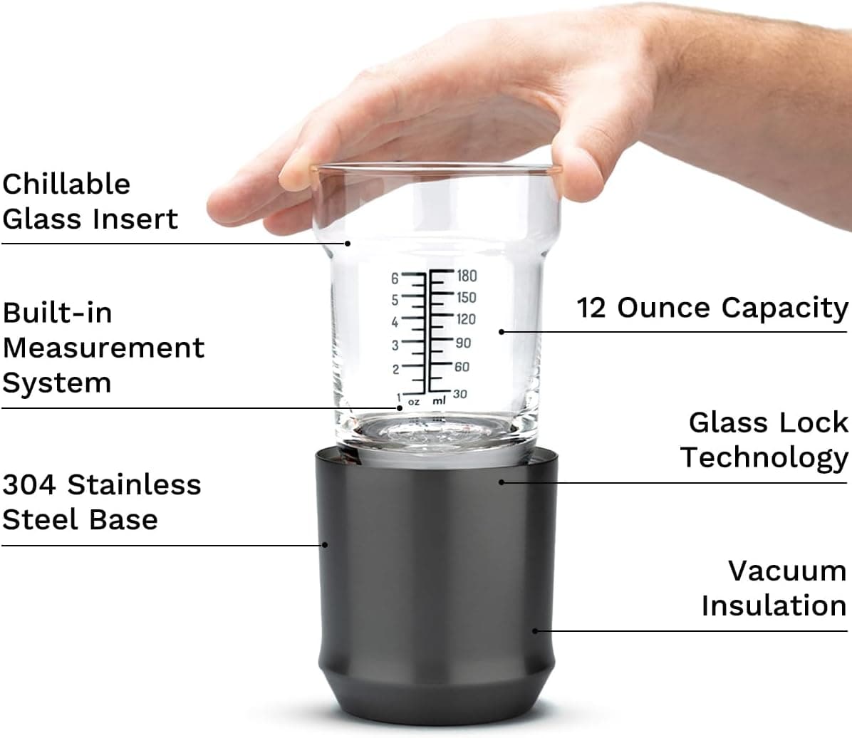 Elevated Craft Hybrid Cocktail Glass Premium Vacuum Insulated Steel Base with Removable Insert - 12oz Rocks Glass, Double Old Fashioned Lowball for Bourbon, Whiskey - Gunmetal Black: Old Fashioned Glasses thumbnail 2