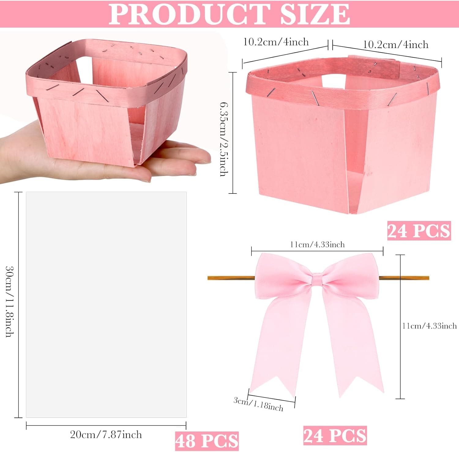 Kigley 24 Set Easter Mini Gift Basket Empty with Bow Wrap Bag Small Easter Goodie Stuffer Baskets Wooden Vented Berry Box with 24 Bags Candy Wedding Party Supply(Pink,4.02 x 2.56 x 2.95 Inches) : Health &amp; Household thumbnail 2