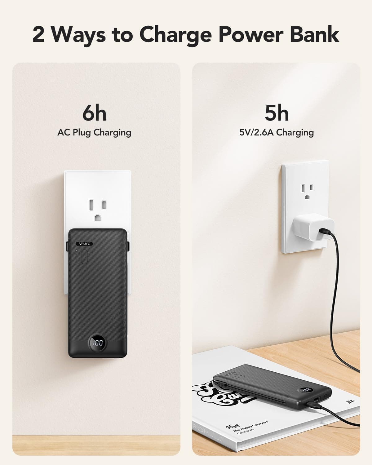 VRURC 10000mAh Portable Charger with Built-in Cables and AC Wall Plug thumbnail 4