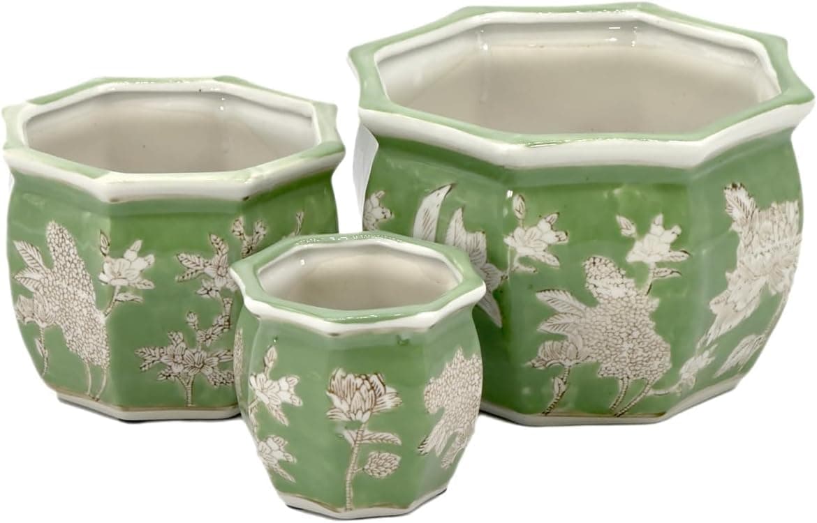 Galt International Green &amp; White Floral Porcelain Ceramic Decorative Flower Pot 8"/6"/4.5" Garden Pots Chinese Asian Design - Set of 3 Green Fluted : Patio, Lawn &amp; Garden — Spring Gift Ideas gift idea