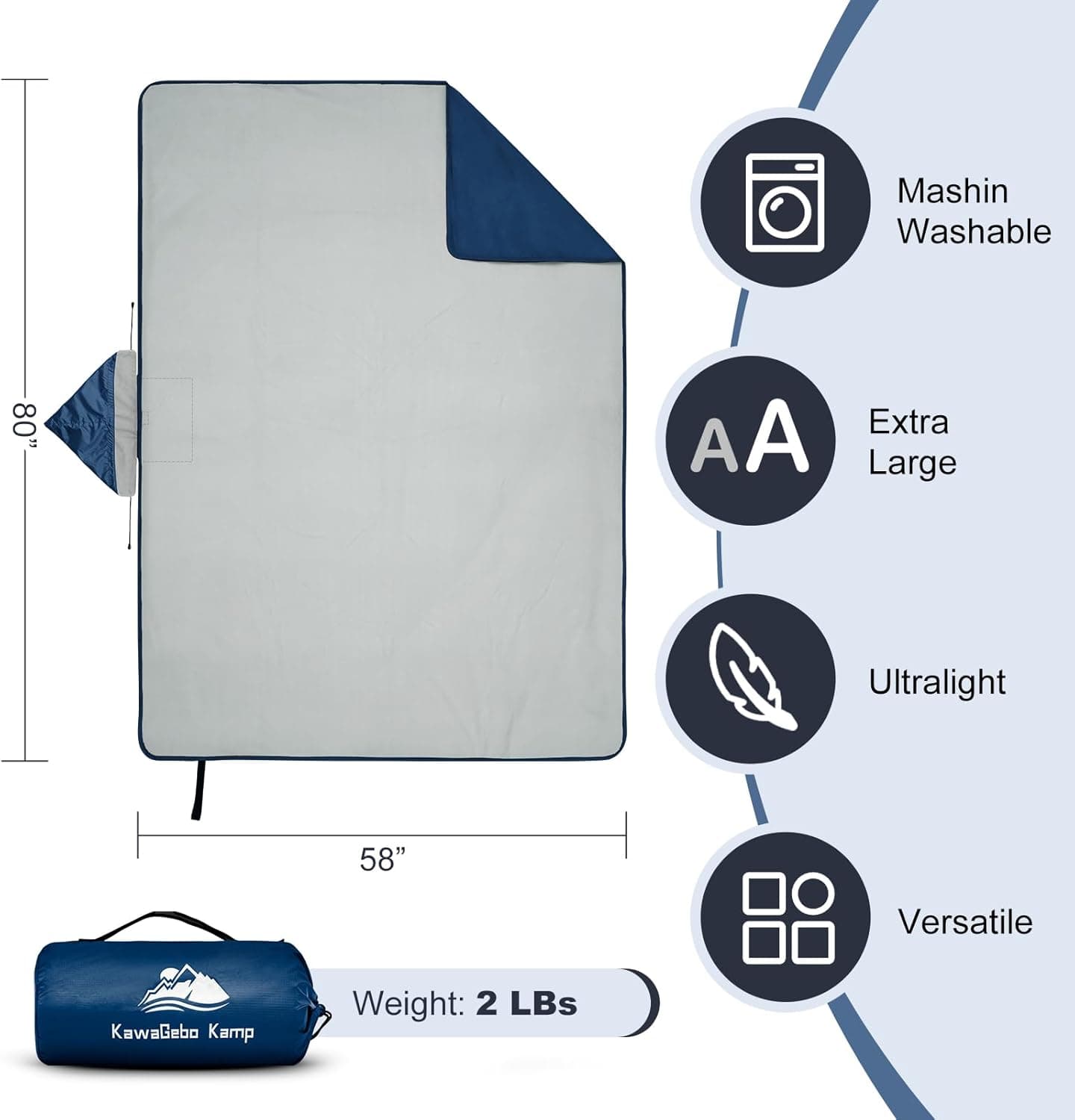 KawaGebo Kamp Fleece Waterproof Outdoor Blanket - Hooded, Blue (80" x 58") thumbnail 4