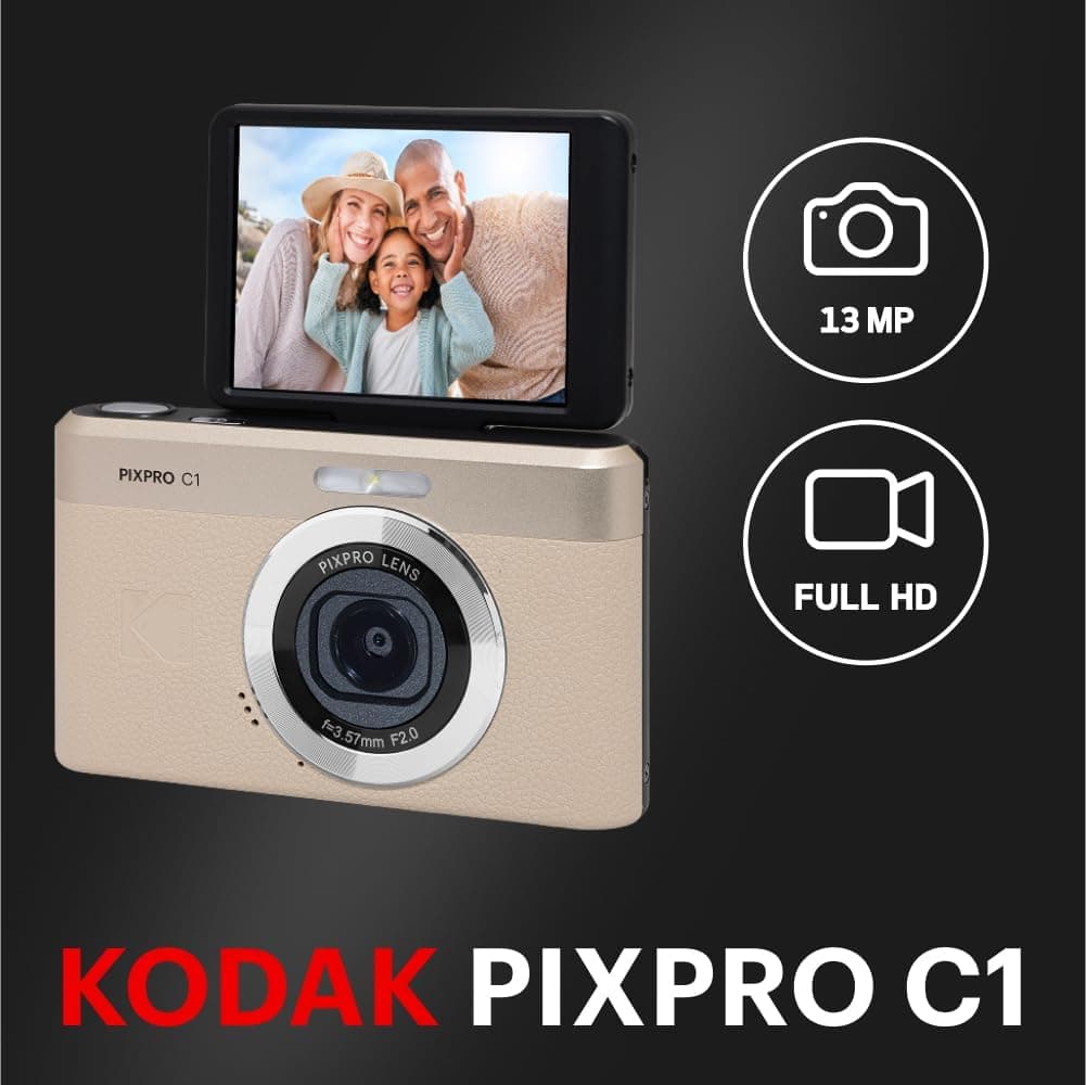 Kodak PIXPRO C1 Digital Camera with 13MP Sensor and 4X Optical Zoom - Compact Point and Shoot for Beginners with 180 Degree Flip Screen - 1080P HD Video for Travel and Vlogging - Tan : Electronics thumbnail 2
