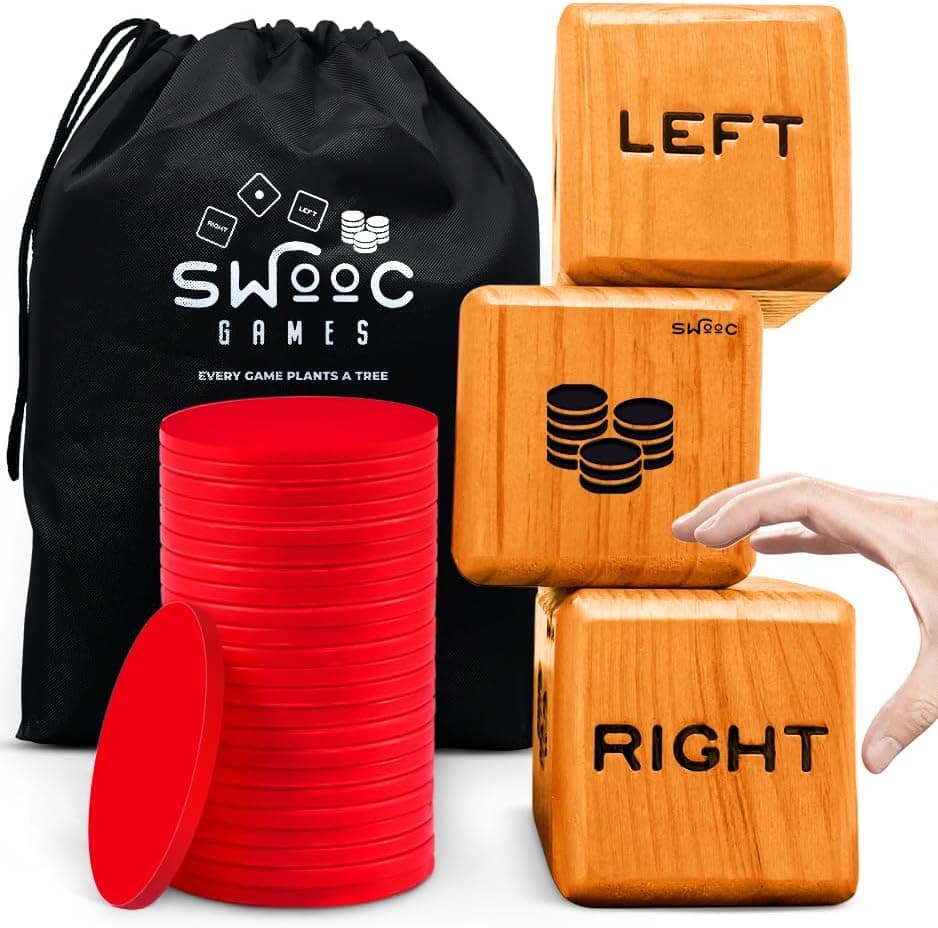 SWOOC Games Giant Right Center Left Dice Game with Wooden Chips & Carry Bag — Spring Gift Ideas gift idea