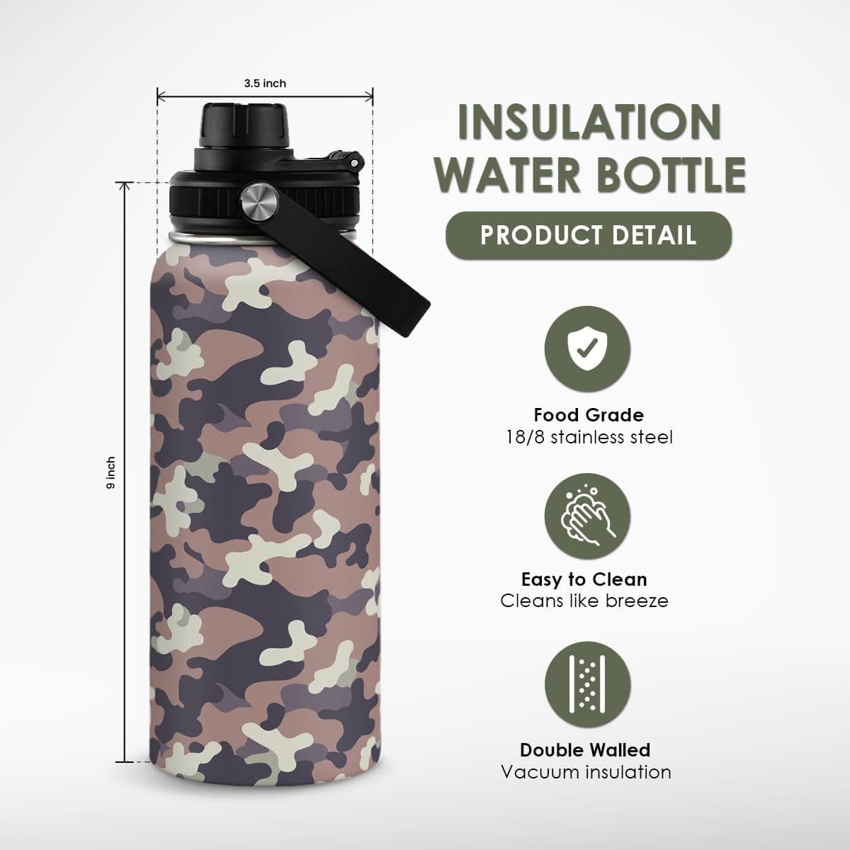 Camouflage Insulated Stainless Steel Water Bottle 32oz with Vacuum Chug Lid thumbnail 2