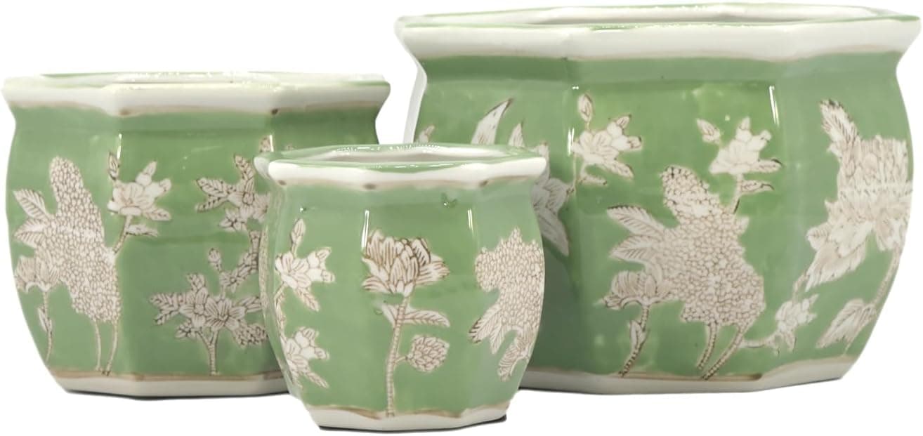 Galt International Green &amp; White Floral Porcelain Ceramic Decorative Flower Pot 8"/6"/4.5" Garden Pots Chinese Asian Design - Set of 3 Green Fluted : Patio, Lawn &amp; Garden thumbnail 2