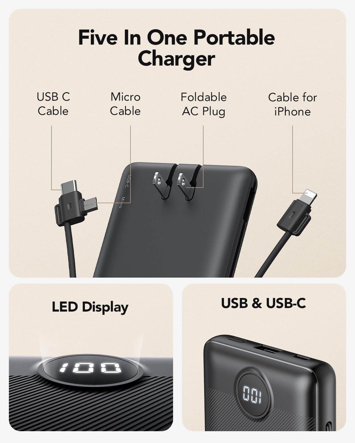 VRURC 10000mAh Portable Charger with Built-in Cables and AC Wall Plug thumbnail 2