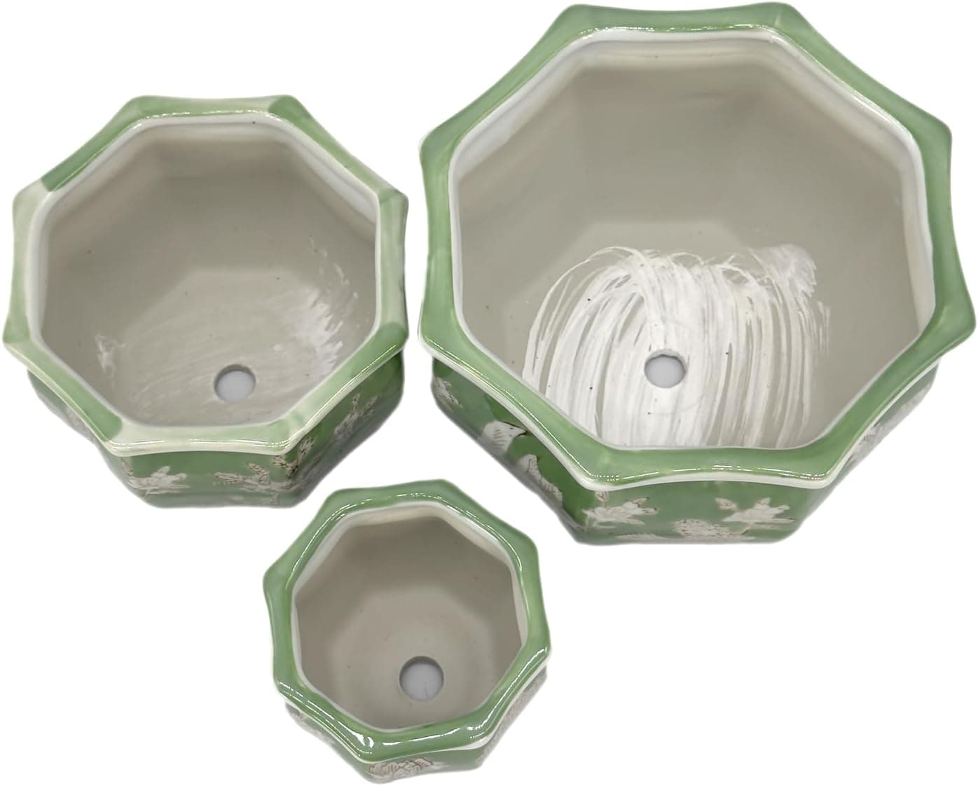 Galt International Green &amp; White Floral Porcelain Ceramic Decorative Flower Pot 8"/6"/4.5" Garden Pots Chinese Asian Design - Set of 3 Green Fluted : Patio, Lawn &amp; Garden thumbnail 5