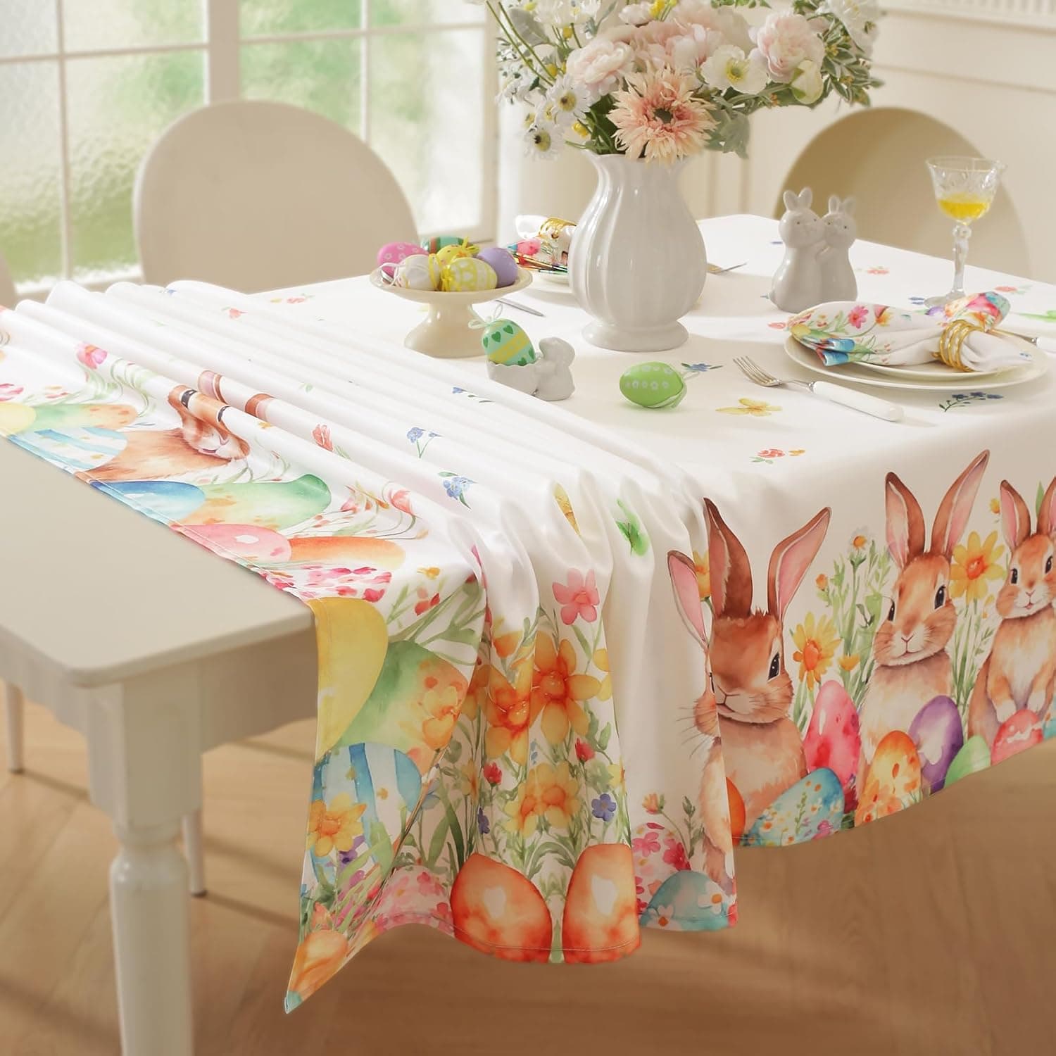 SASTYBALE Easter Tablecloth 52 x 70 Inch Rectangle, Watercolor Bunny Rabbit Eggs Design, Washable Spring Table Cover for Party Picnic Dinner Decor : Home &amp; Kitchen thumbnail 3