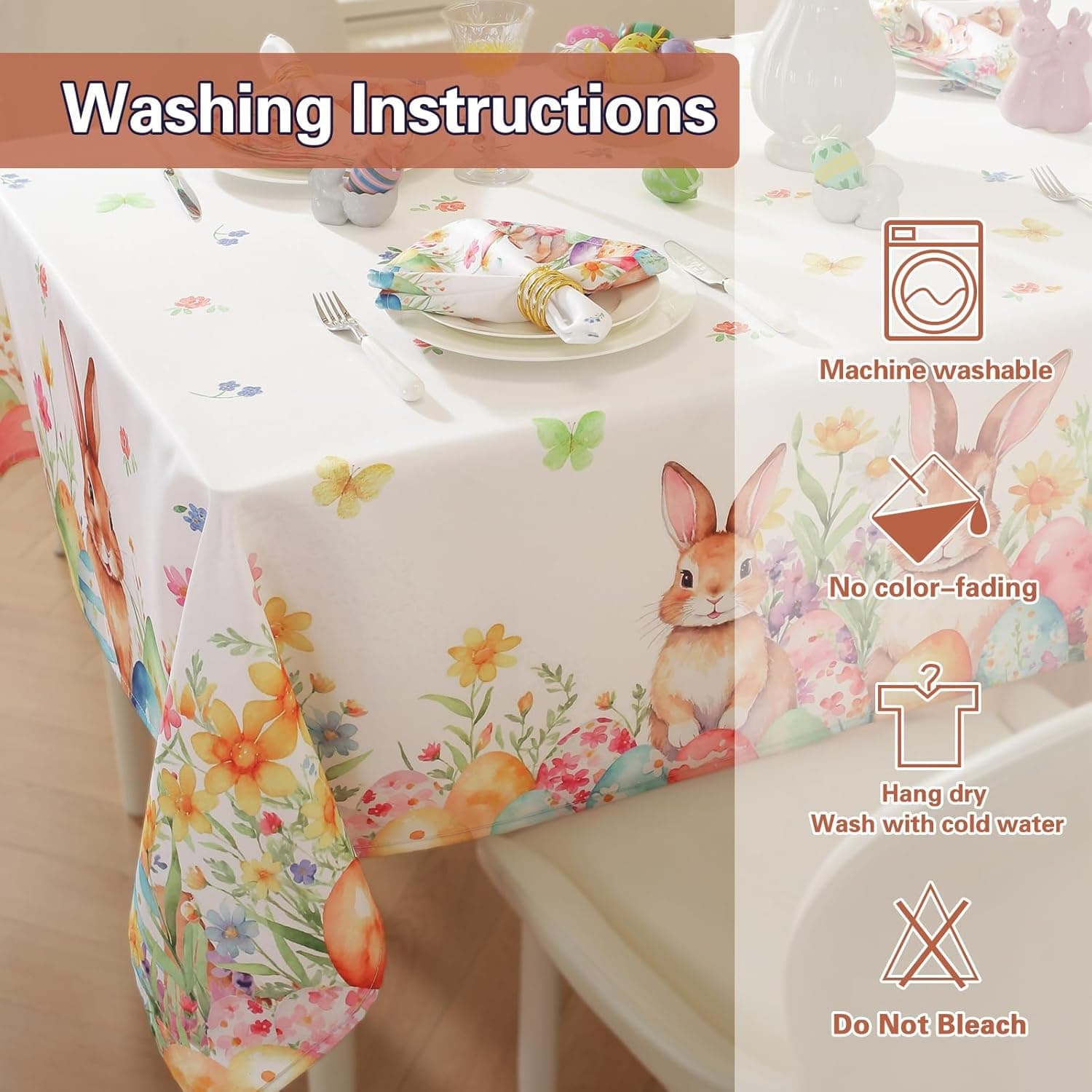 SASTYBALE Easter Tablecloth 52 x 70 Inch Rectangle, Watercolor Bunny Rabbit Eggs Design, Washable Spring Table Cover for Party Picnic Dinner Decor : Home &amp; Kitchen thumbnail 4