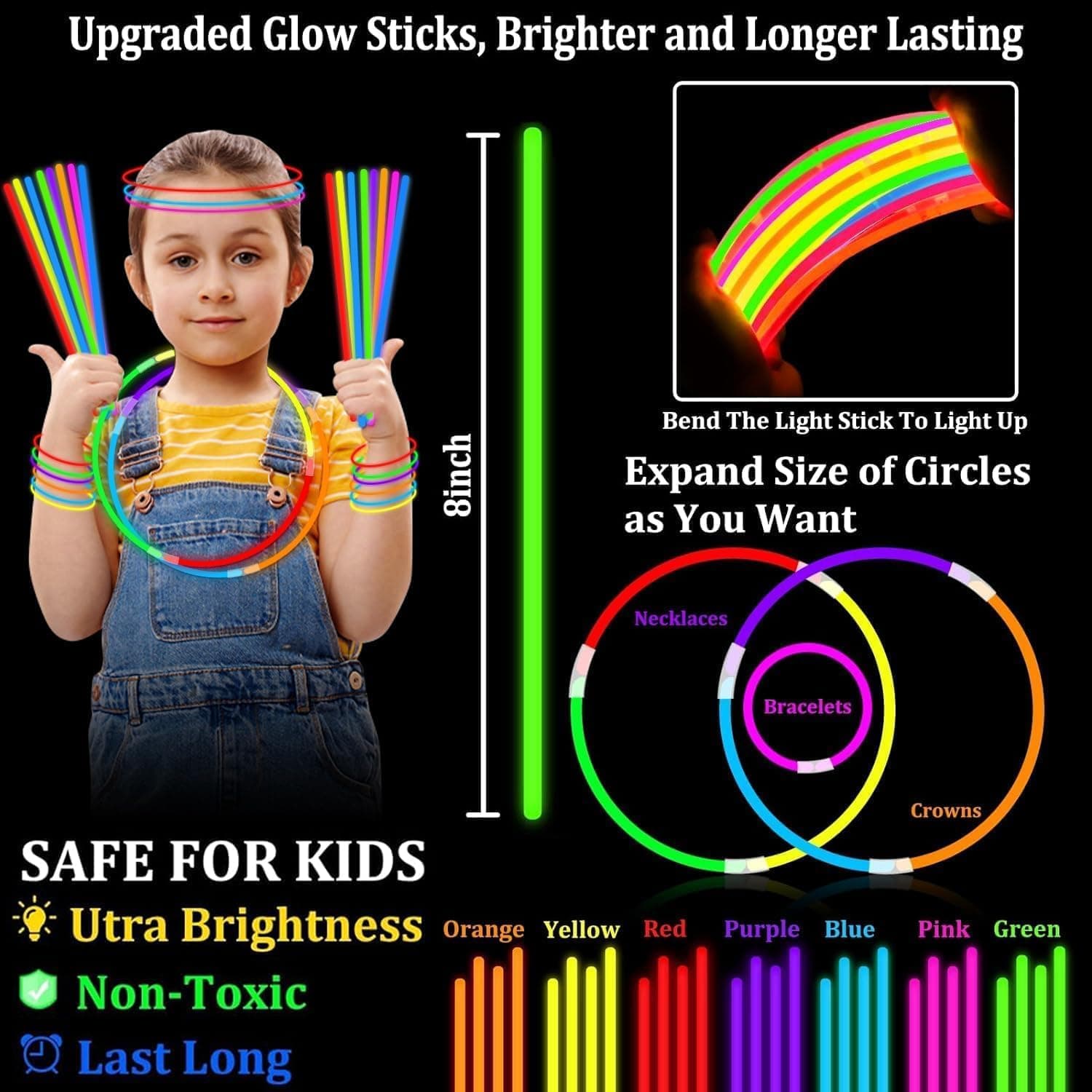 TURNMEON 100 Pack Ultra Bright Glow Sticks Bulk - 8" Necklace & Bracelet with Connector thumbnail 3