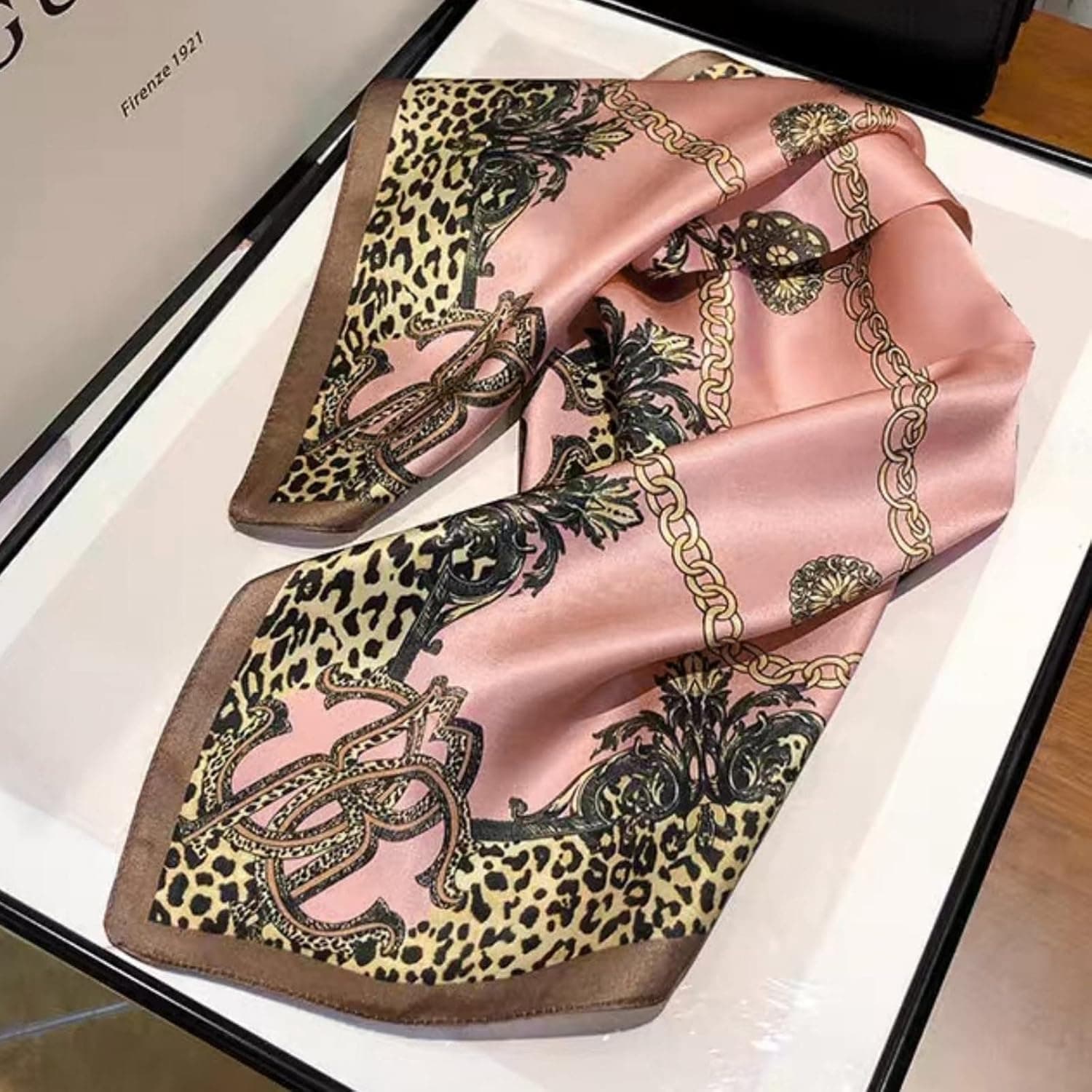 PoeticEHome 100% Mulberry Silk Square Neck Scarf - Pink Leopard thumbnail 4