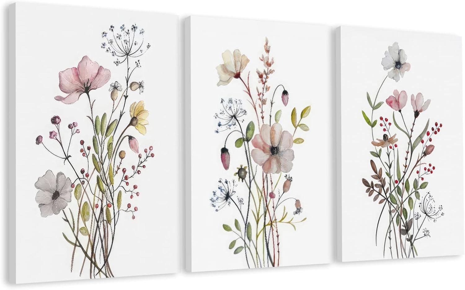 WRFON UnFramed Botanical Canvas Wall Art Set of 3, Watercolor Floral Prints, Framed Flower Wall Decor for Bedroom Bathroom Living Room, 12x16 Inch Each: Posters &amp; Prints view 1