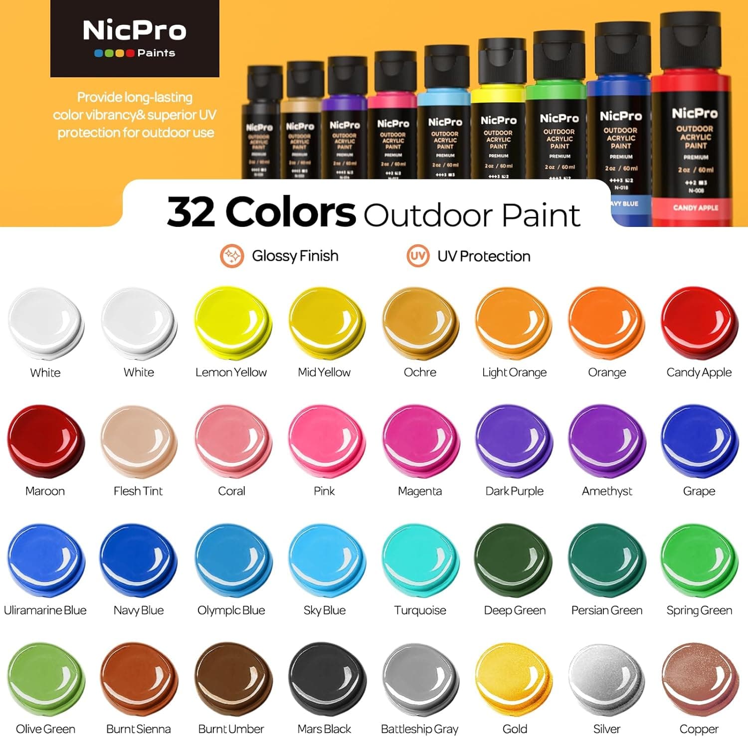 Nicpro 32 Colors Outdoor Acrylic Paint Bulk with Brush and Sponge, Knife, Non-Toxic Paint for Multi-surface Rock, Wood, Fabric, Leather, Crafts, Canvas, Shoes and Wall Painting : Arts, Crafts &amp; Sewing thumbnail 2