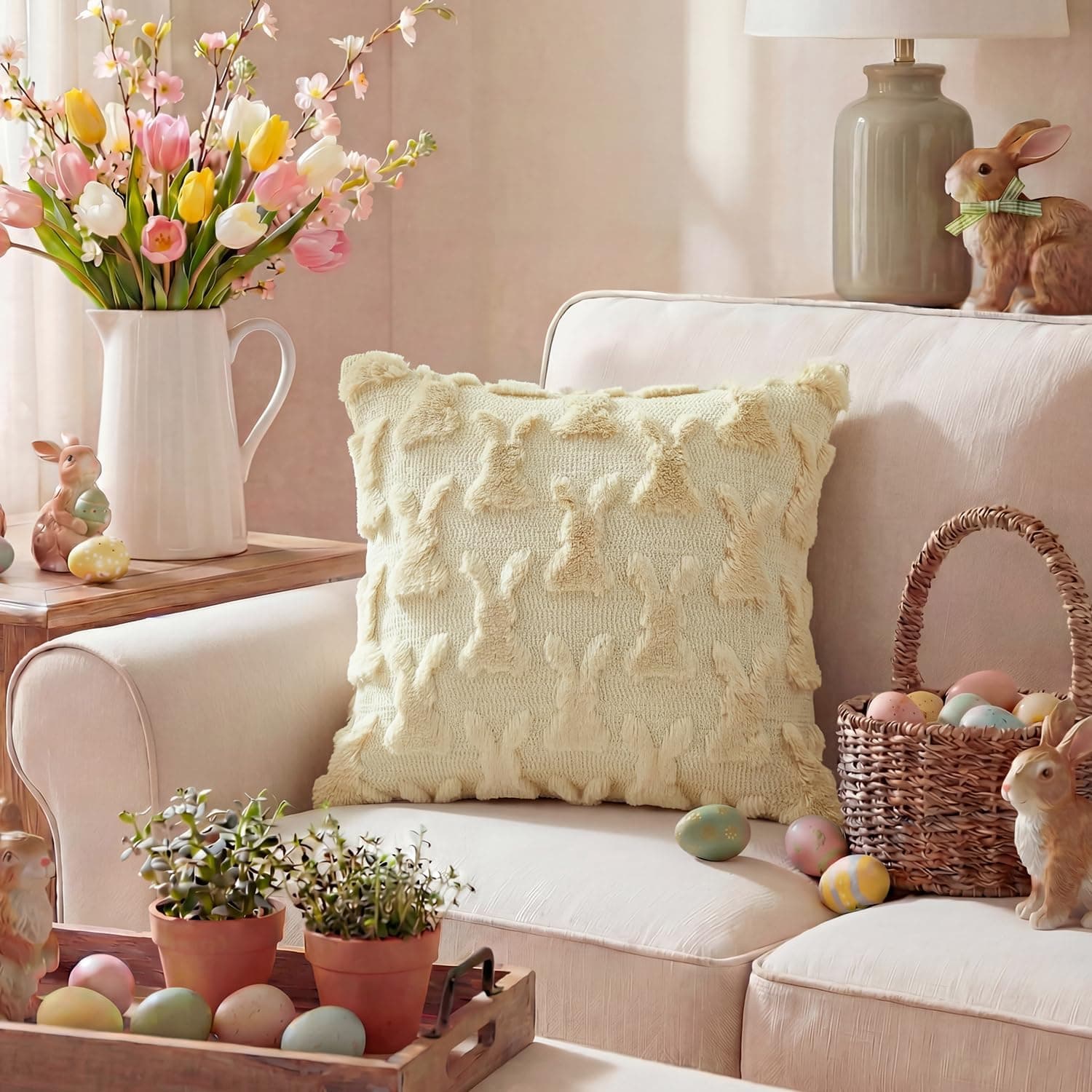 AVOIN colorlife Easter Rabbits Beige Throw Pillow Covers, 18 x 18 Inch Bunny Soft Plush Faux Fur Jacquard Cushion Case Decoration for Sofa Couch Set of 2 : Home &amp; Kitchen thumbnail 2