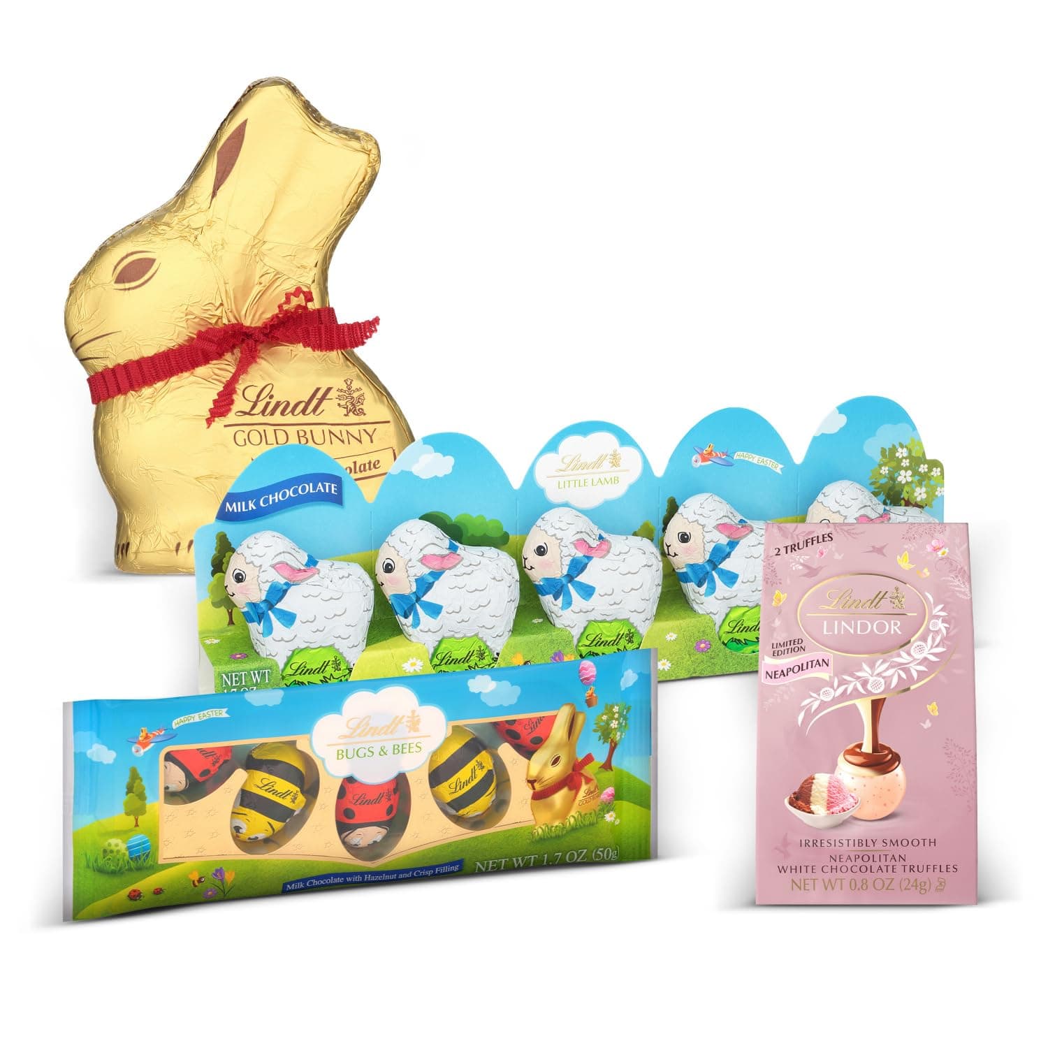 Lindt Easter Basket Chocolate Delight: GOLD BUNNY Milk Chocolate 1.7 oz, LINDOR Neapolitan Truffles 0.8 oz, Bugs &amp; Bees and Little Lambs 5-Packs 1.7 oz Each - Premium Gourmet Chocolate for Perfect Easter Gifts : Grocery &amp; Gourmet Food — Easter Gifts gift idea