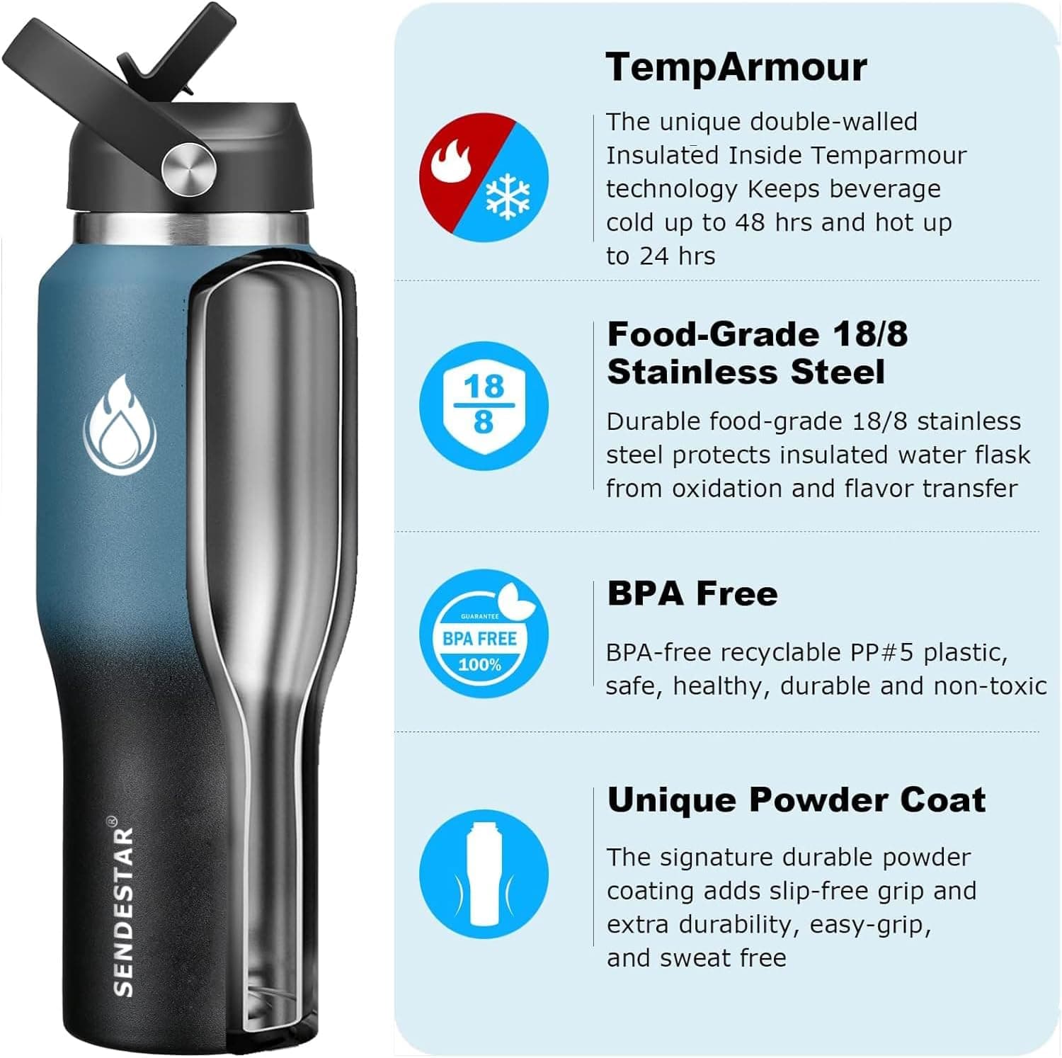 SENDESTAR 40oz Stainless Steel Water Bottle thumbnail 2