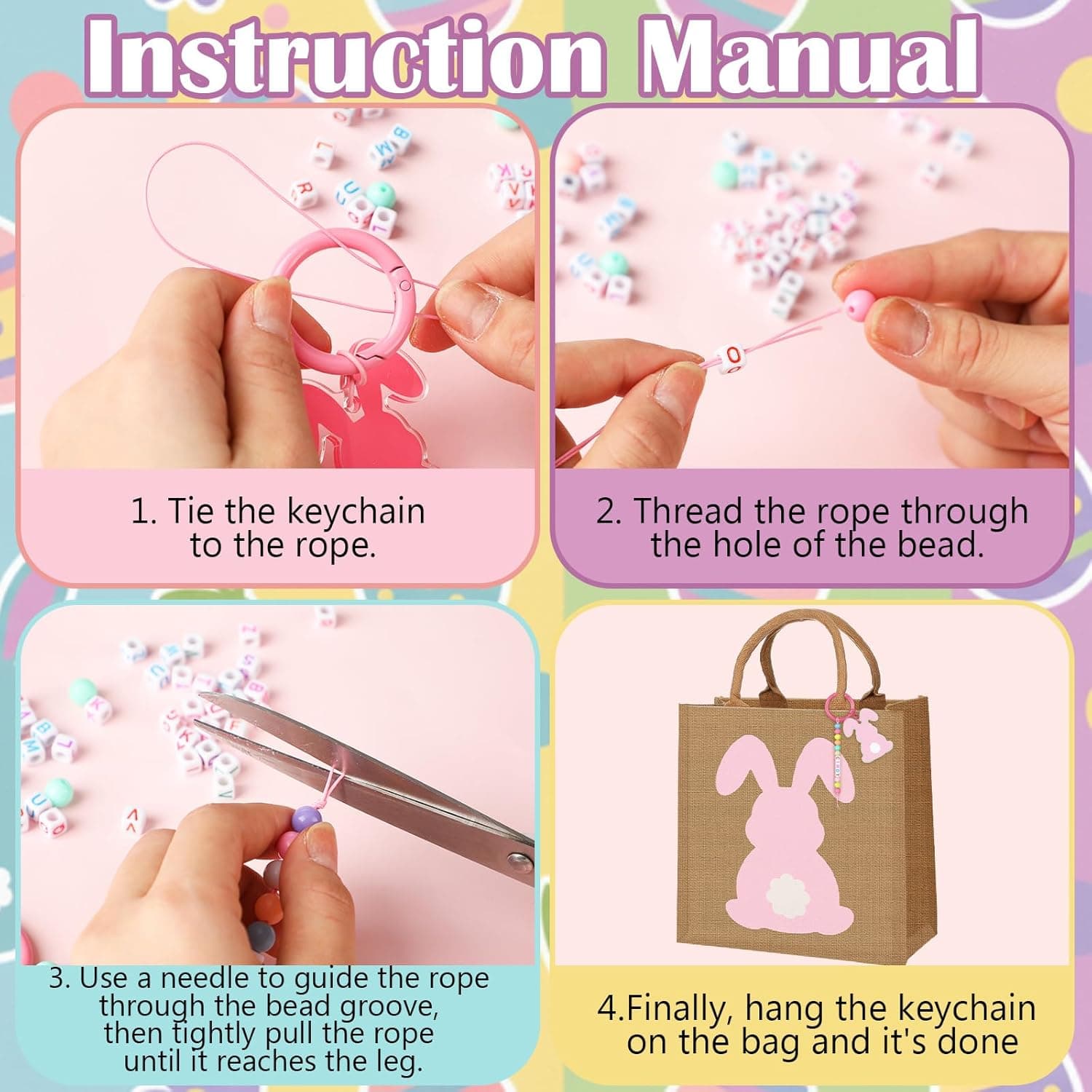 Hillban 4 Sets Personalized Easter Burlap Gift Bags Reusable Large Egg Hunt Bunny Tote with Handles and DIY Name Beads Keychain Making Kit for Women Jute Baskets for Easter Party Favors Gifts Storage : Health &amp; Household thumbnail 2