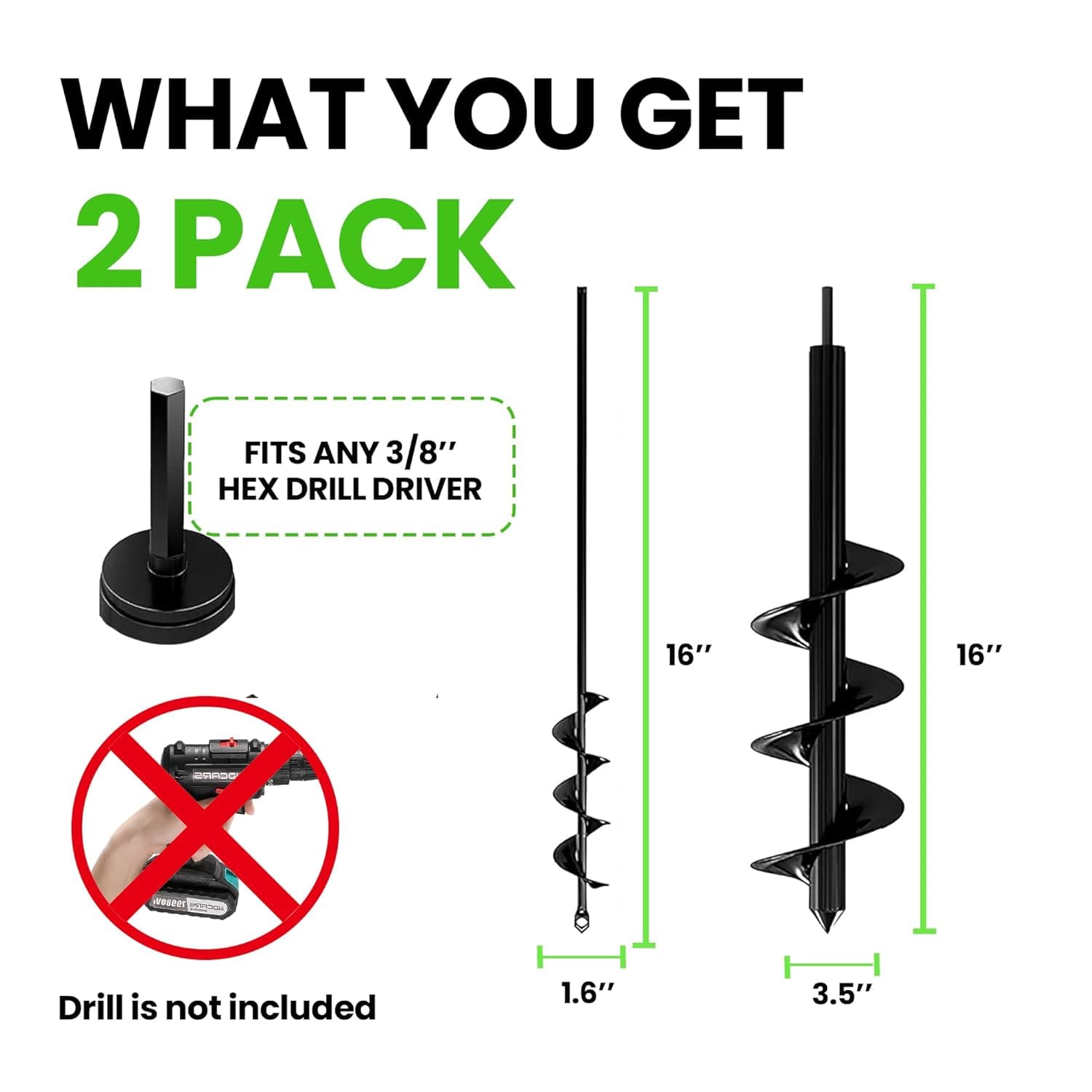 K-Brands Auger Drill Bit for Planting 2 Pack 1.6 x 16 Inch &amp; 3.5 x 16 Inch Set – Garden Spiral Hole and Bulb Planter Tool for Umbrella Holes - Compatible with 3/8 Inch Hex Drive - Amazon.com thumbnail 2