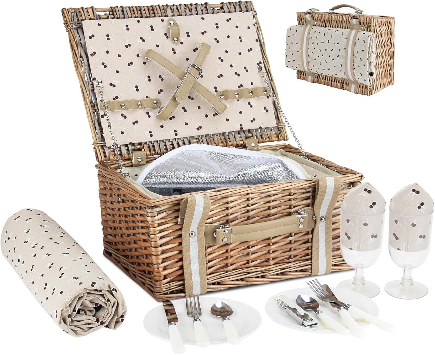 Willow Picnic Basket Set for 2 with Insulated Cooler Bag and Waterproof Blanket — Spring Gift Ideas gift idea