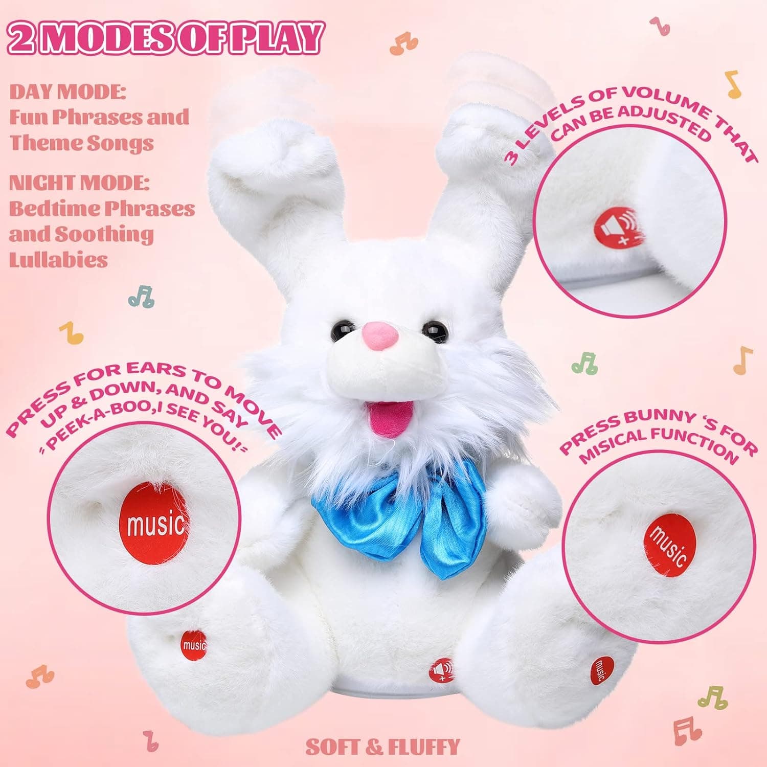 Emoin Easter Bunny Stuffed Animals Bunny Plush Baby Toys Bunny Peek-A-Boo Toys Repeats What You Say Singing with Floppy Ears Birthday Gift for Toddler 7 8 9 10 11 Months 1-2 Year Old（White） : Toys &amp; Games thumbnail 4