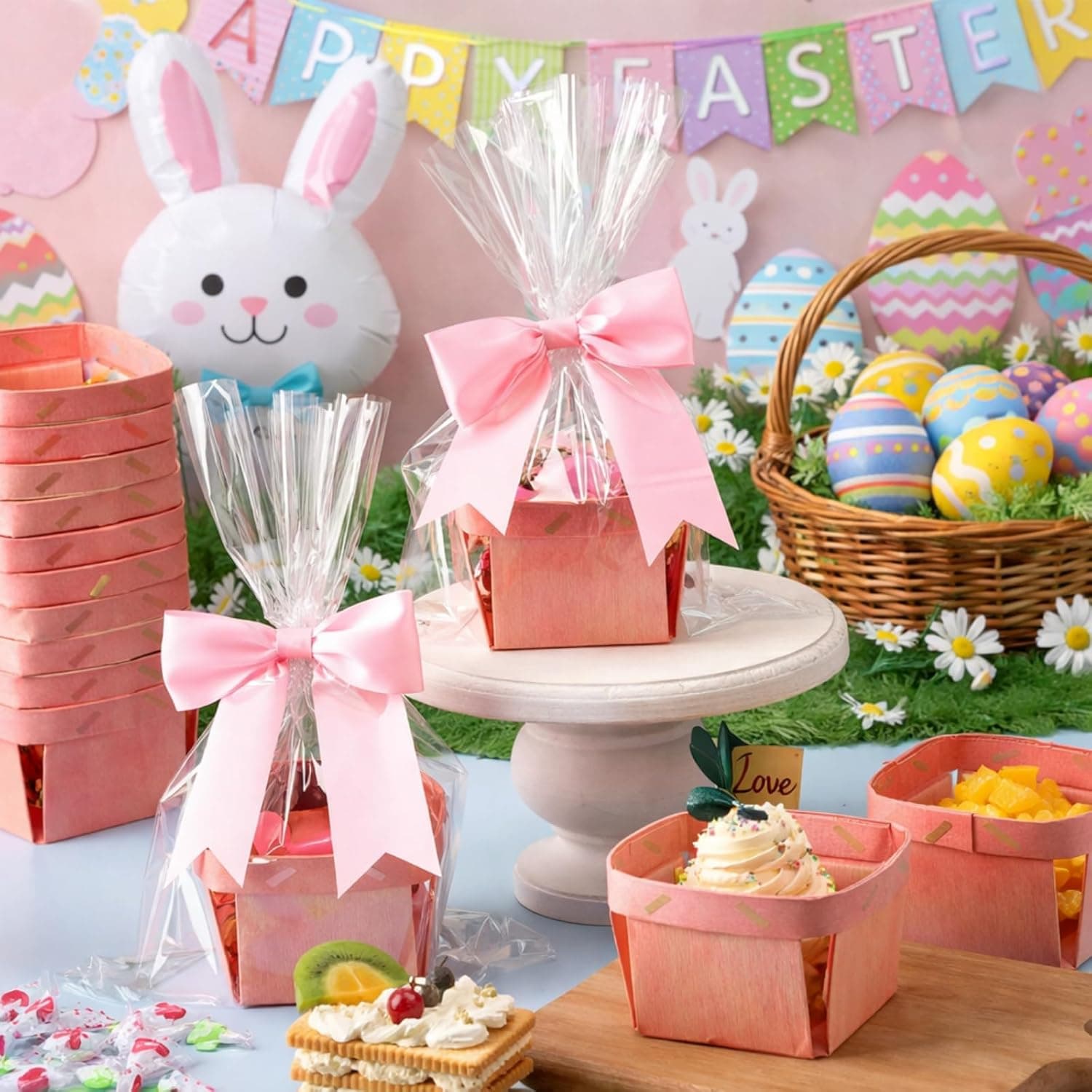 Kigley 24 Set Easter Mini Gift Basket Empty with Bow Wrap Bag Small Easter Goodie Stuffer Baskets Wooden Vented Berry Box with 24 Bags Candy Wedding Party Supply(Pink,4.02 x 2.56 x 2.95 Inches) : Health &amp; Household thumbnail 3