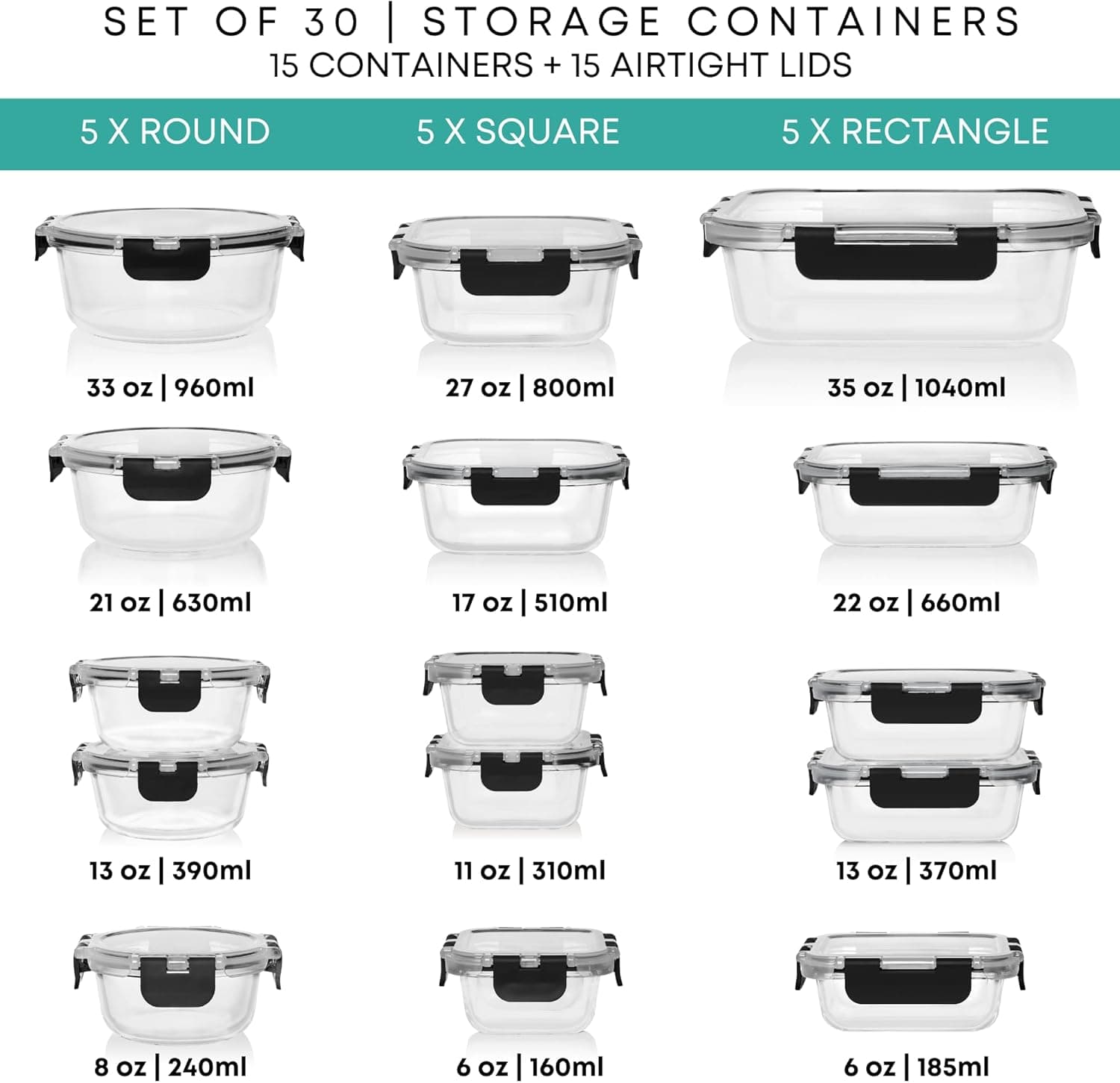 Razab 30 PC Glass Food Storage Containers with Lids thumbnail 2