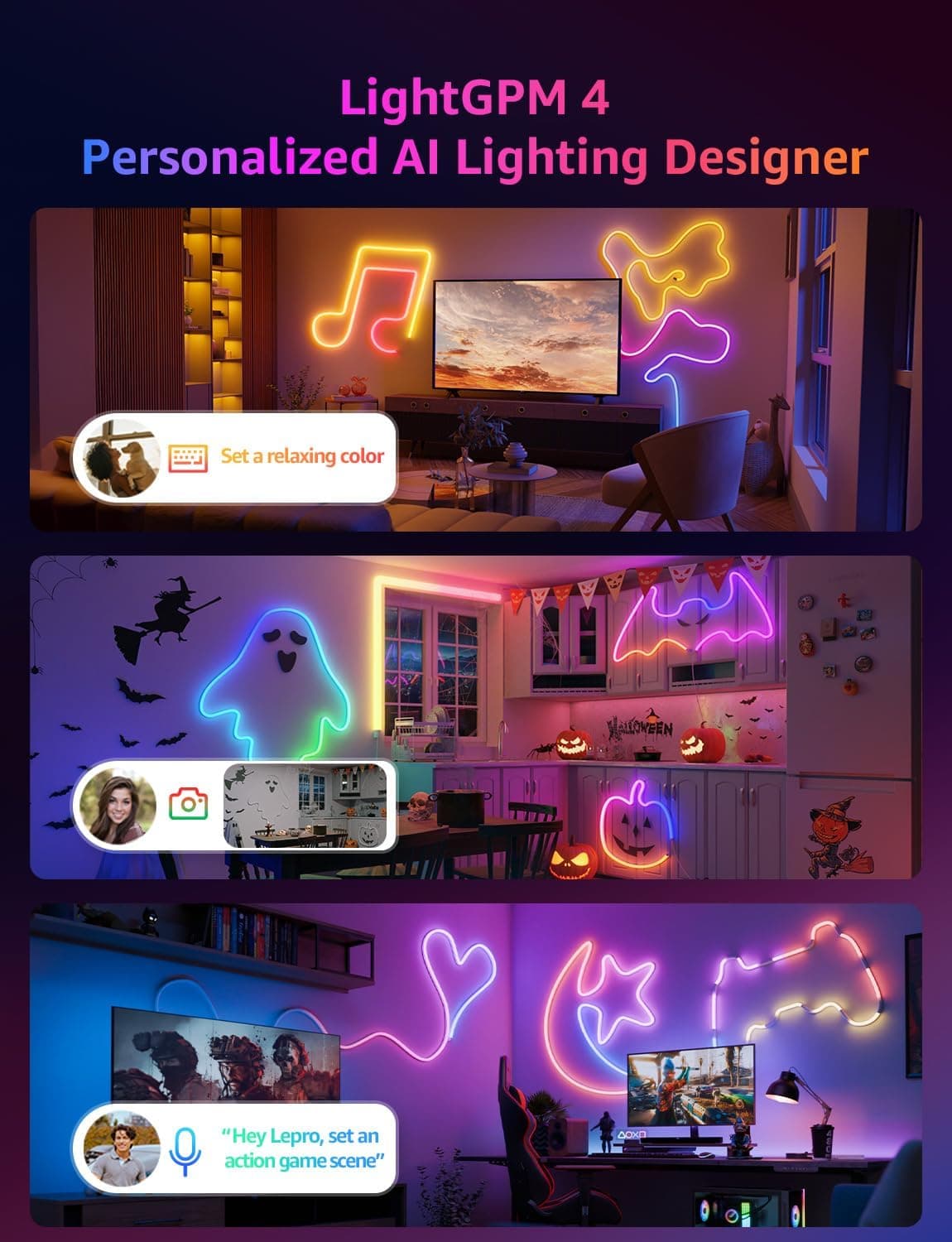 Lepro N1 AI Smart RGB Rope Lights for Christmas, Personalized AI Lighting Designer, LightBeats Music Sync, Color Segment DIY, Voice Control Via App, 9.84ft Wi-Fi &amp; Bluetooth LED Strip Lights : Tools &amp; Home Improvement thumbnail 2