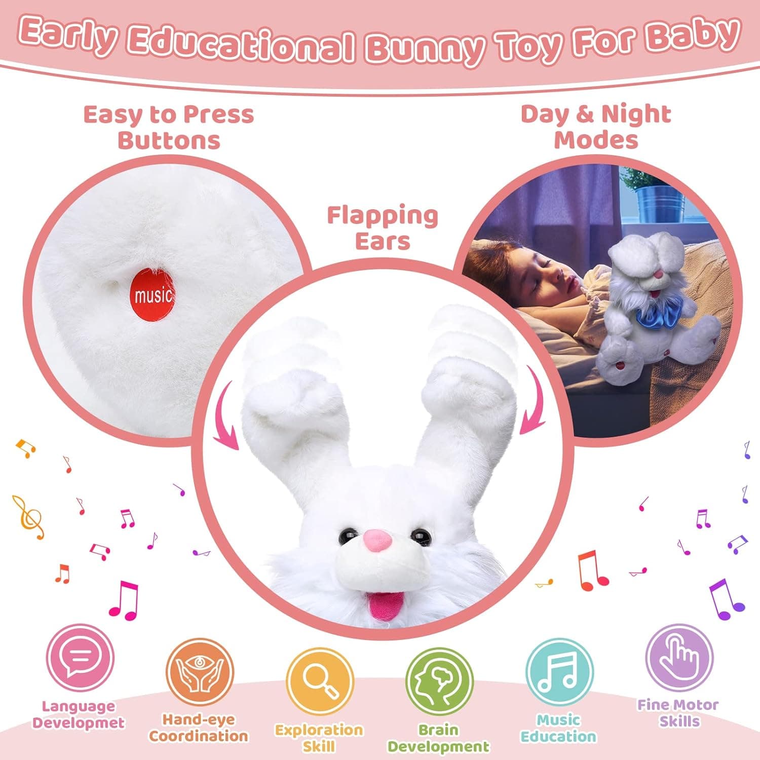 Emoin Easter Bunny Stuffed Animals Bunny Plush Baby Toys Bunny Peek-A-Boo Toys Repeats What You Say Singing with Floppy Ears Birthday Gift for Toddler 7 8 9 10 11 Months 1-2 Year Old（White） : Toys &amp; Games thumbnail 3
