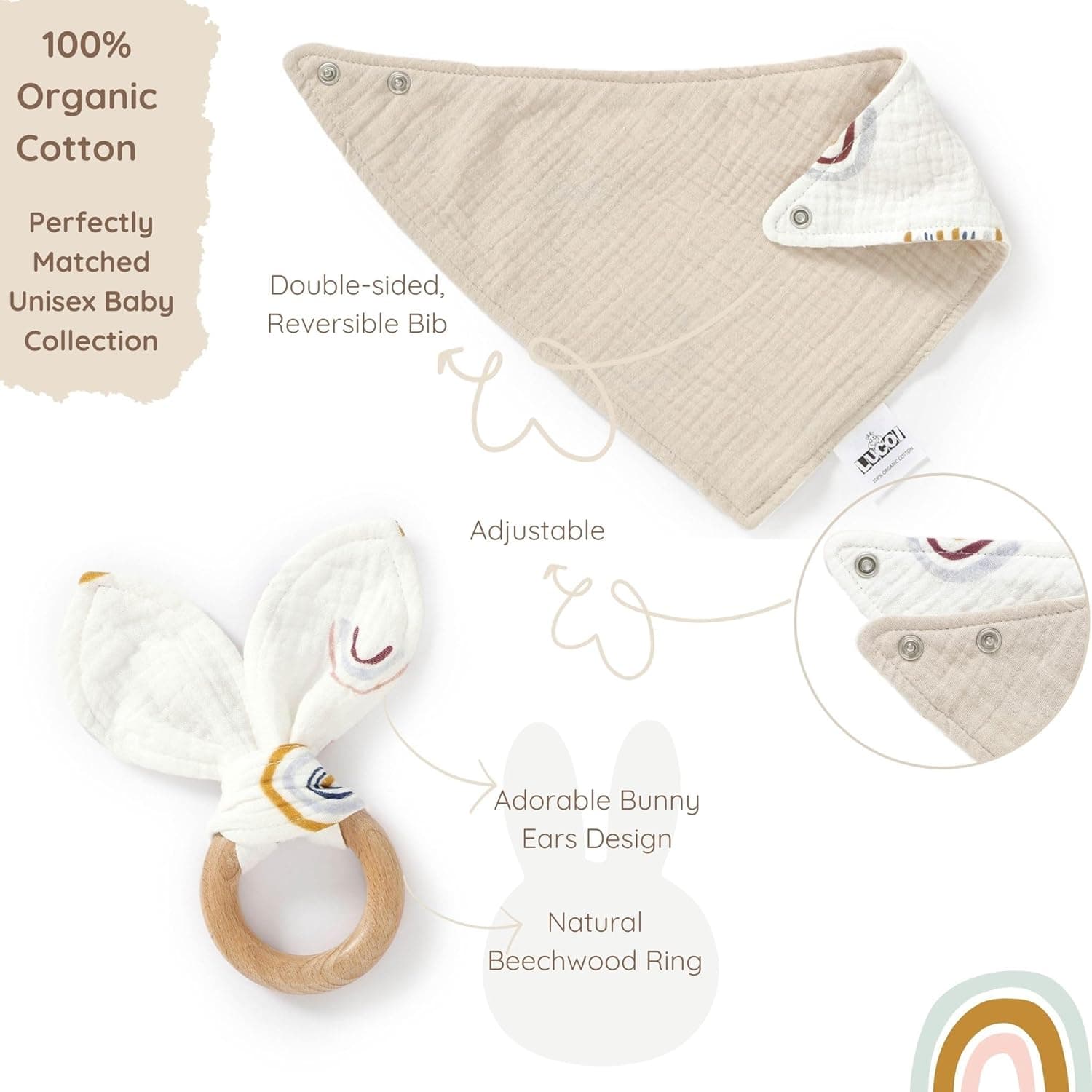 LUCOI Organic Cotton Baby Gift Set – 4 Piece Muslin Bunny Lovey Blanket + Teether Ring + Bandana Bib + Announcement Card | Gender Neutral Newborn Gift Box | Organic Lovey for Babies : Baby thumbnail 3