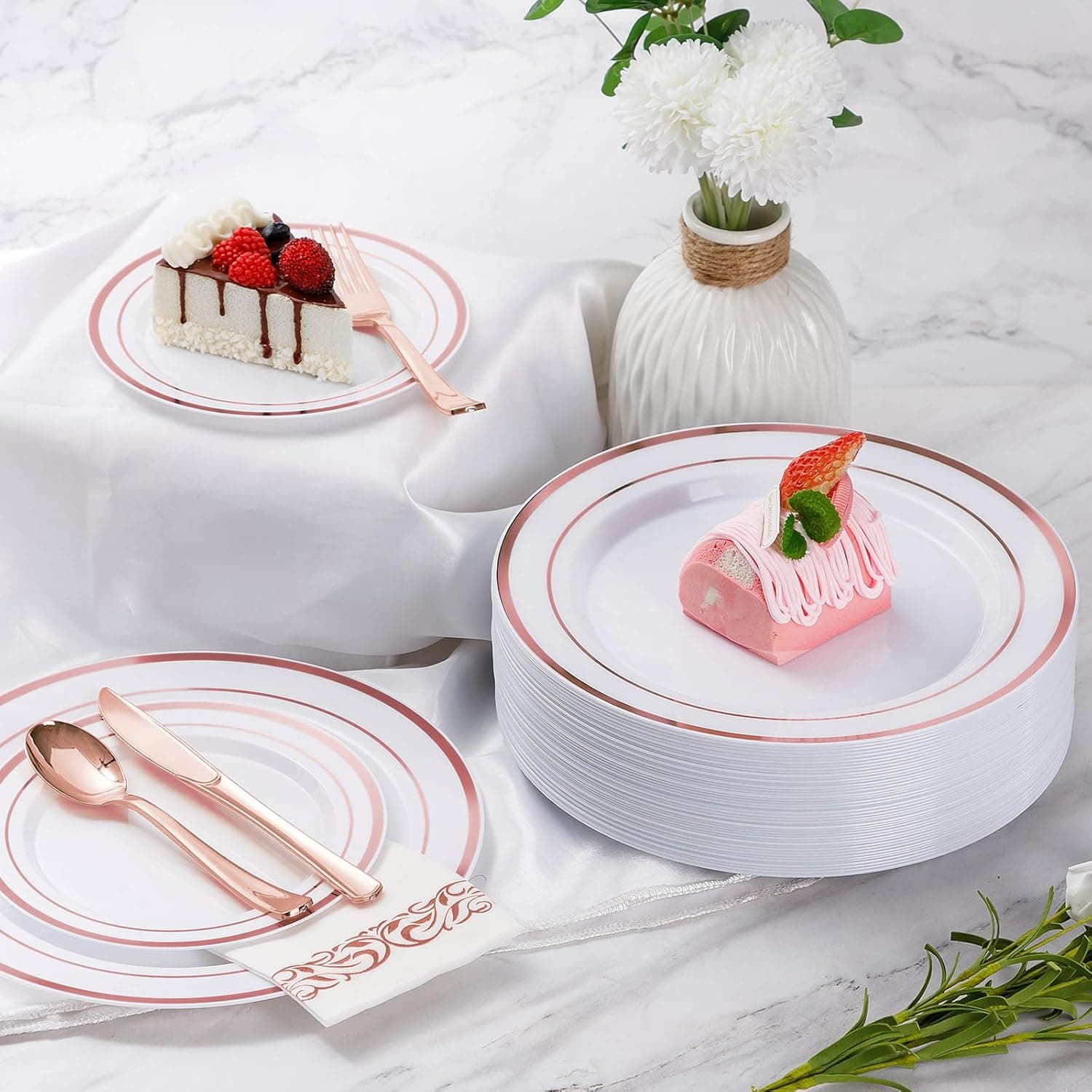 Goodluck 700 Pieces Rose Gold Dinnerware Set for 100 Guests, Plastic Plates Disposable for Party, Include: 100 Dinner Plates, 100 Dessert Plates, 100 Paper Napkins, 100 Cups, 100 Silverware Set : Health &amp; Household thumbnail 5