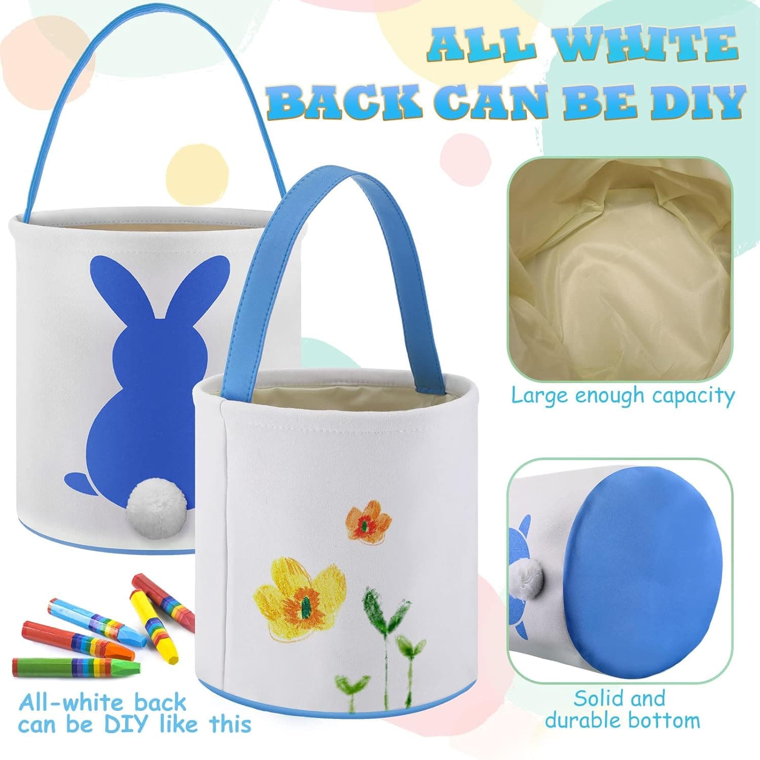 Honeydak 6-Piece Easter Egg Hunt Baskets with Bunny Canvas Tote Bags thumbnail 3