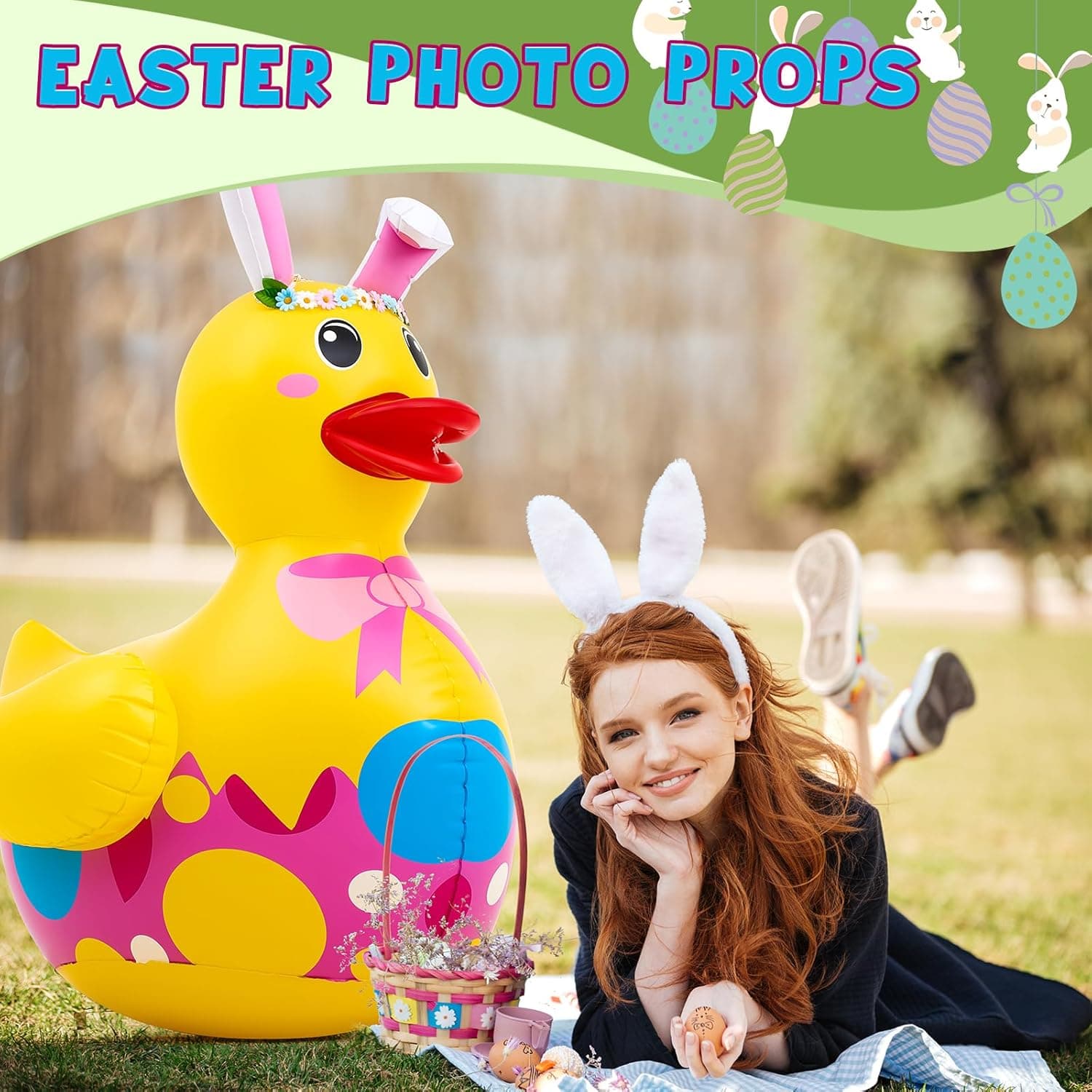 Hungdao 1 Pc 4 ft Easter Inflatable Duck Float Large Blow up Ducks Giant Rubber Duckies with Bunny Ears for Easter Party Decorations Prop Pool Yard Decoration,air Pump Not Included : Toys &amp; Games thumbnail 4