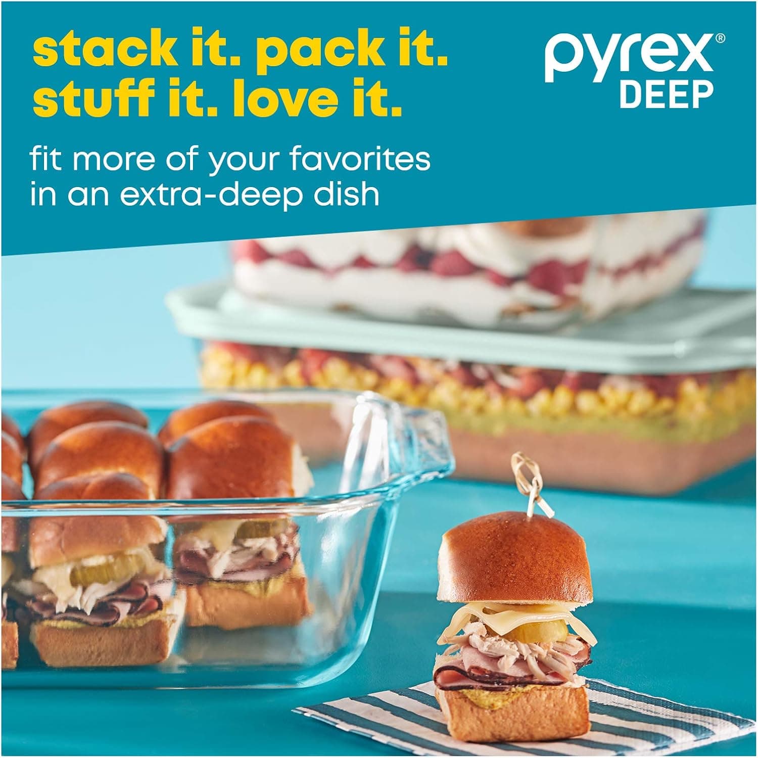 Pyrex Deep 3-Pack Glass Baking Dish Set (9"x13", 7"x11", 8"x8") With BPA-Free Lids, Rectangular Glass Bakeware, Dishwasher, Microwave, Freezer &amp; Pre-Heated Oven Safe: Home &amp; Kitchen thumbnail 4