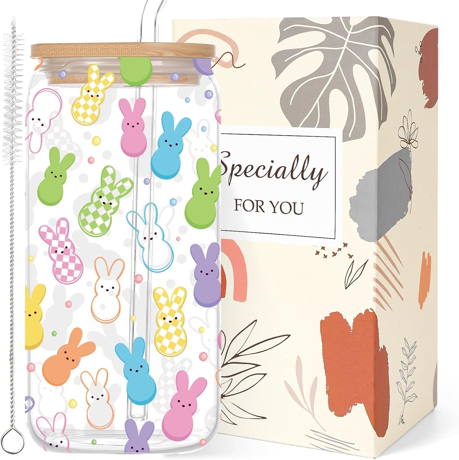 Easter Bunny Glass Cups with Lid and Straw - 16oz Set — Easter Gifts gift idea