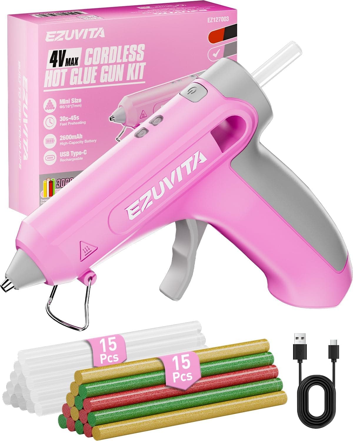 EZUVITA 4V Pink Cordless Hot Glue Gun Kit with 30 Multi-Color Glue Sticks — Spring Gift Ideas gift idea