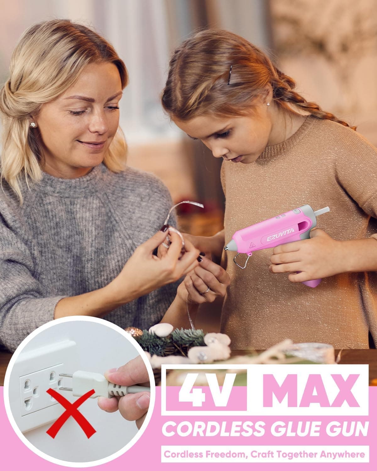 EZUVITA 4V Pink Cordless Hot Glue Gun Kit with 30 Multi-Color Glue Sticks thumbnail 2