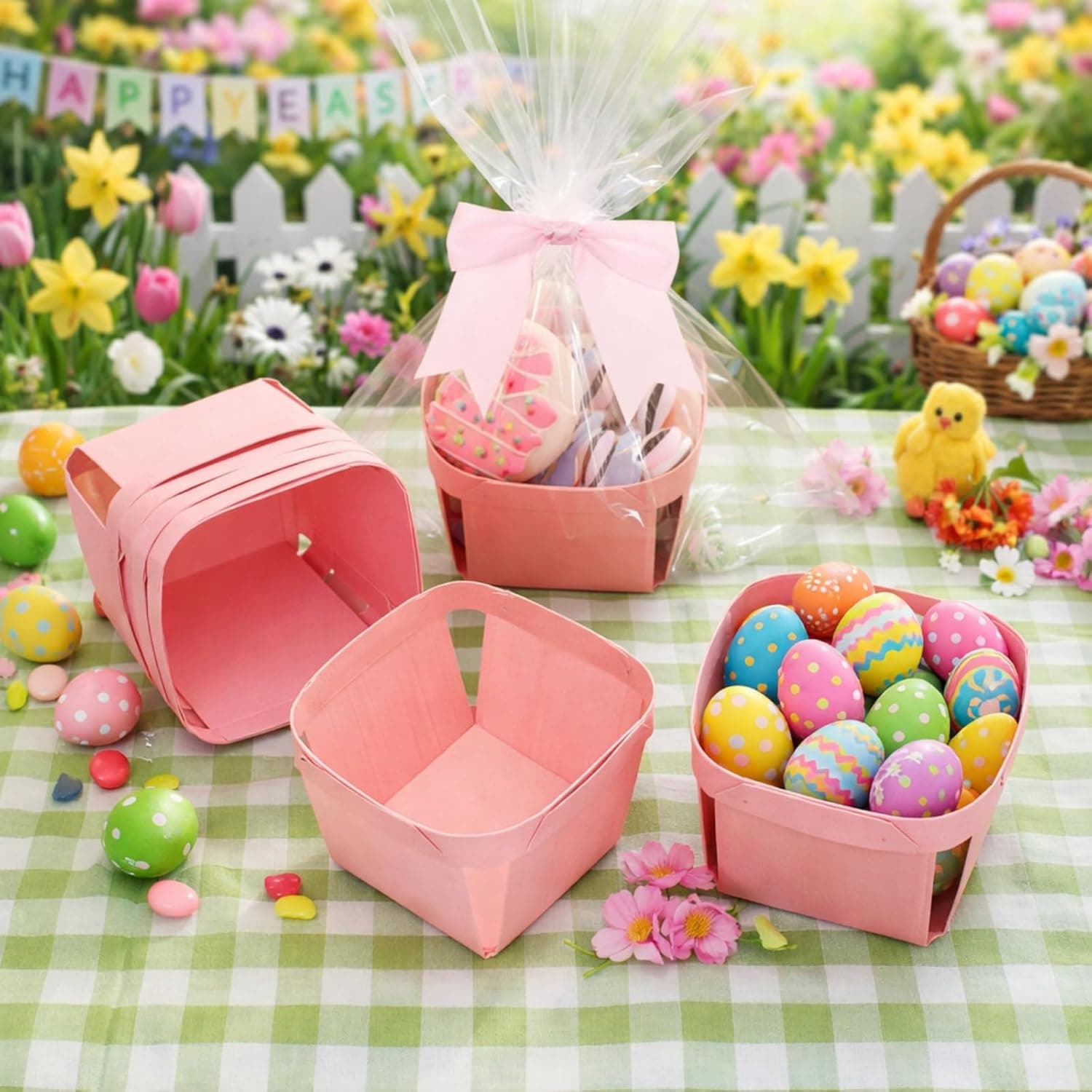 Kigley 24 Set Easter Mini Gift Basket Empty with Bow Wrap Bag Small Easter Goodie Stuffer Baskets Wooden Vented Berry Box with 24 Bags Candy Wedding Party Supply(Pink,4.02 x 2.56 x 2.95 Inches) : Health &amp; Household thumbnail 4