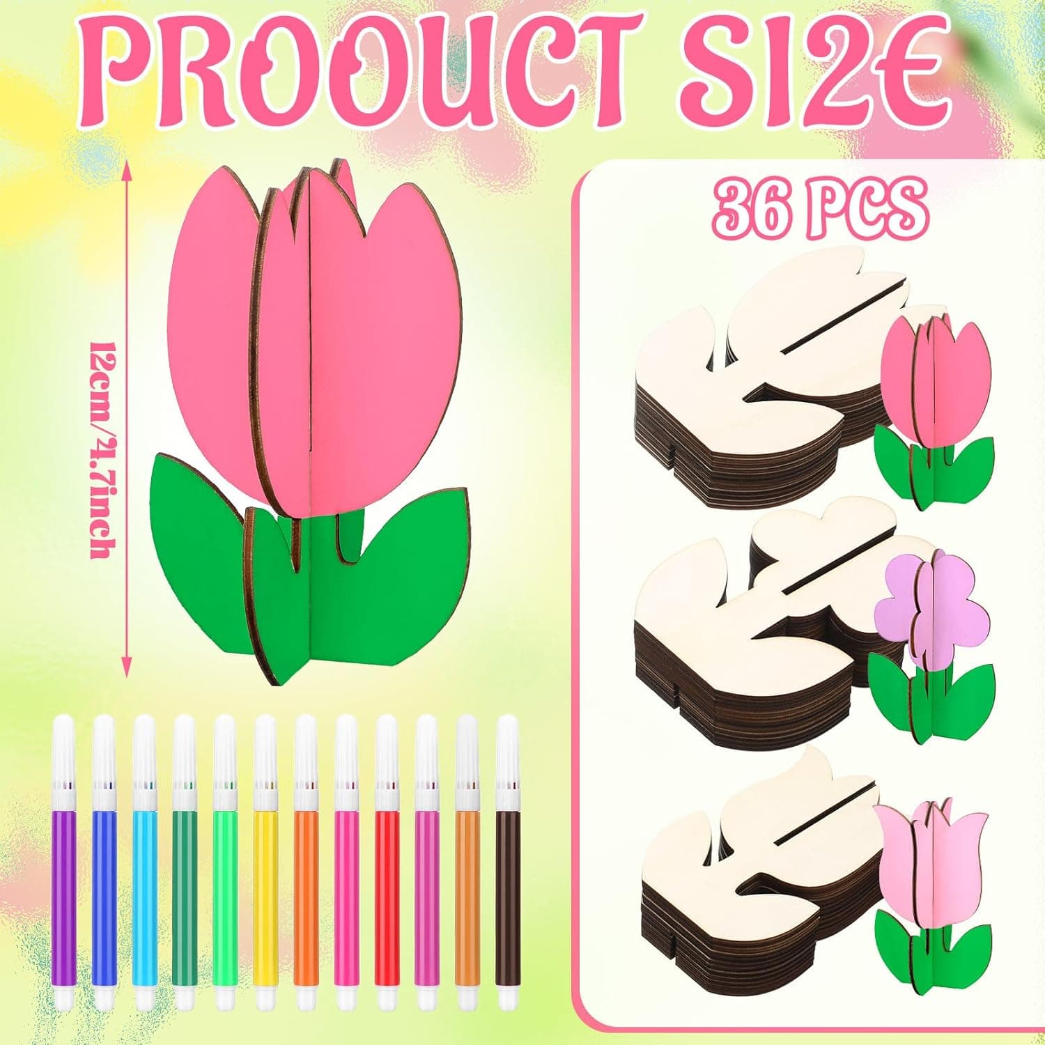 48-Piece Spring Crafts Set with 3D Wooden Flowers and Colored Pens thumbnail 2
