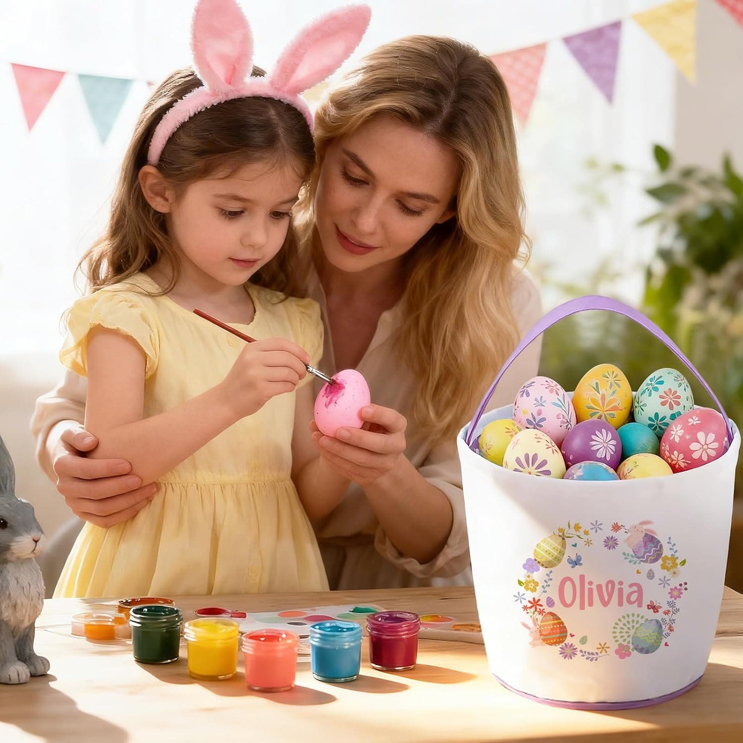 Personalized Easter Bunny Basket for Kid, Custom Name Egg Easter Buckets, Canvas Cotton Cute Bag for Easter Egg Hunt, Party Gifts and Daily Storage (Easter Egg) : Baby thumbnail 5
