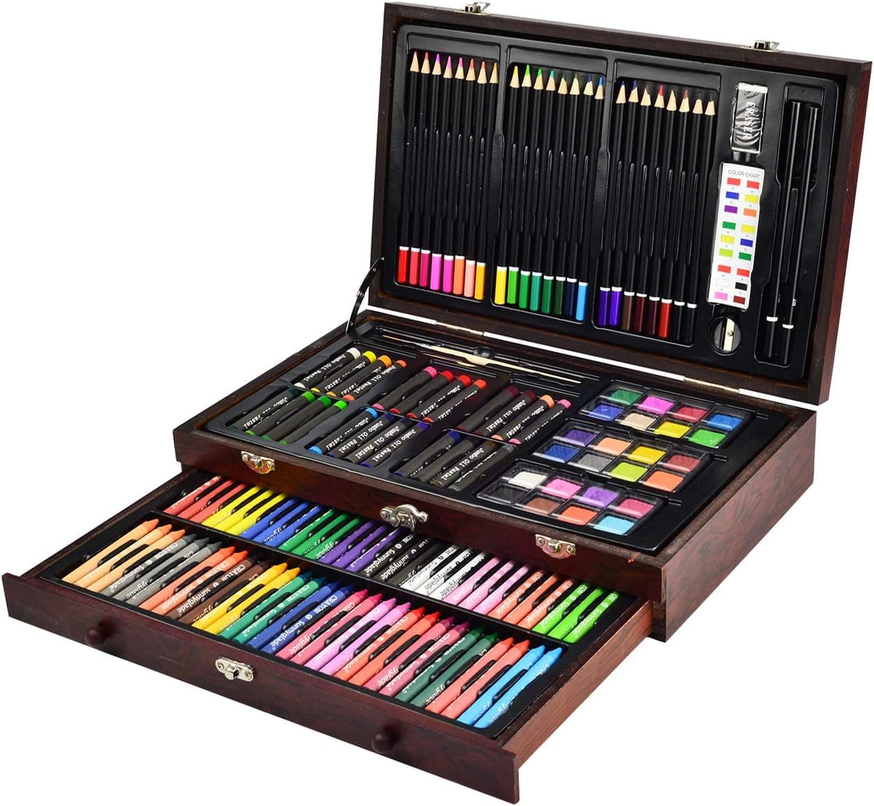 Sunnyglade 145 Piece Deluxe Art Set, Wooden Box &amp; Drawing Kit with Crayons, Oil Pastels, Colored Pencils, Watercolor Cakes, Sketch Pencils, Paint Brush, Sharpener, Eraser, Color Chart (Cherry) : Arts, Crafts &amp; Sewing thumbnail 2