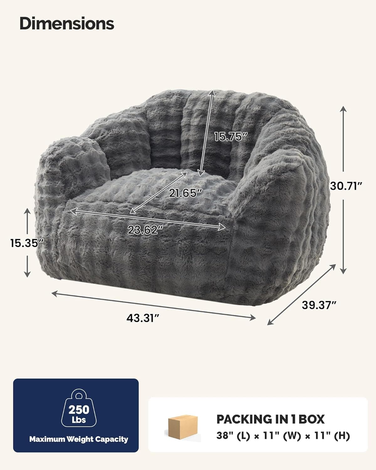 KINGYES Bean Bag Chair, Giant Bean Bag Couch with Memory Foam Filled, Gaming Beanbag Chair for Adults, Bean Bag for Kids &amp; Teen, Light Gray : Home &amp; Kitchen thumbnail 2