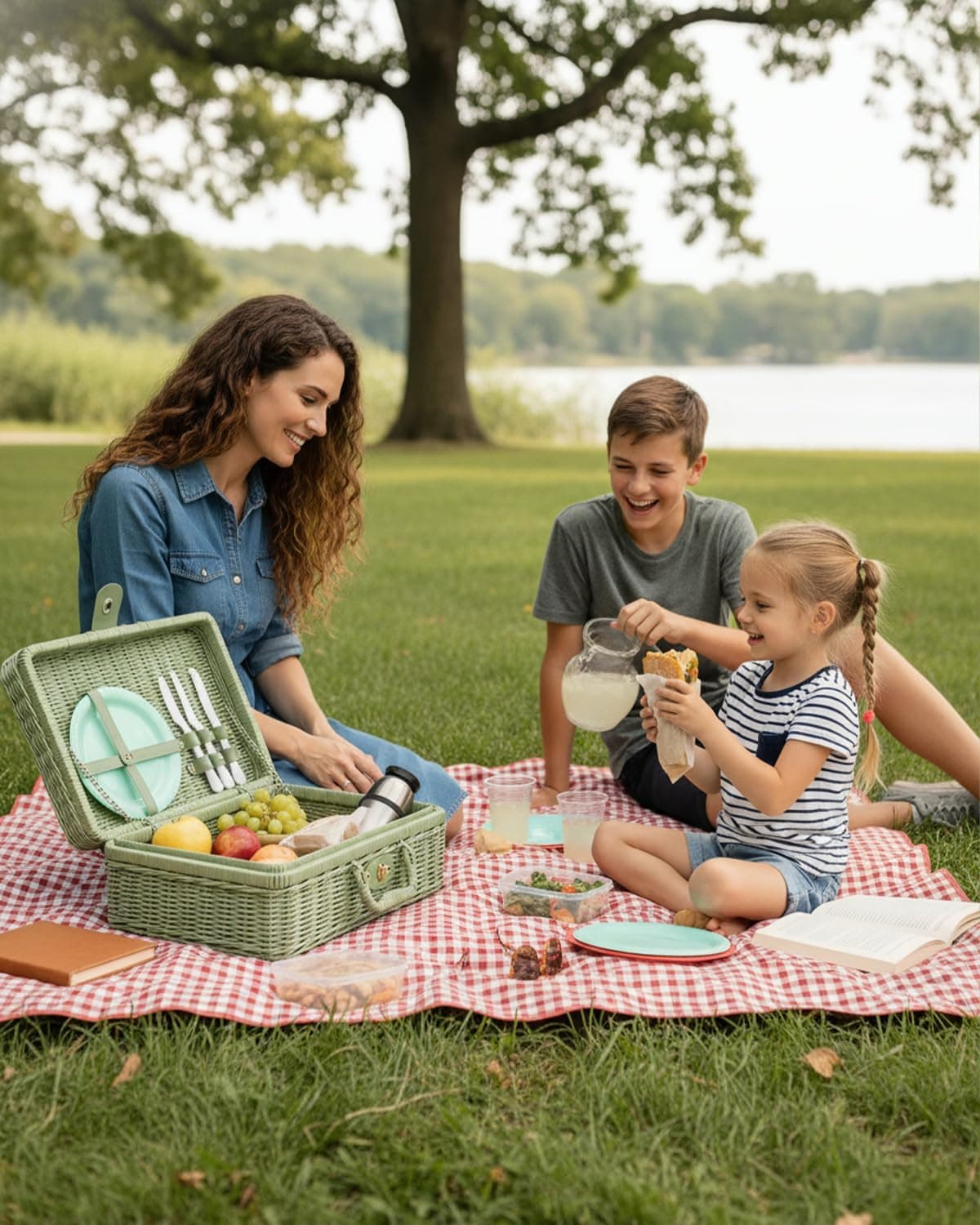 Dark Green Wicker Picnic Basket with Metal Lock thumbnail 3