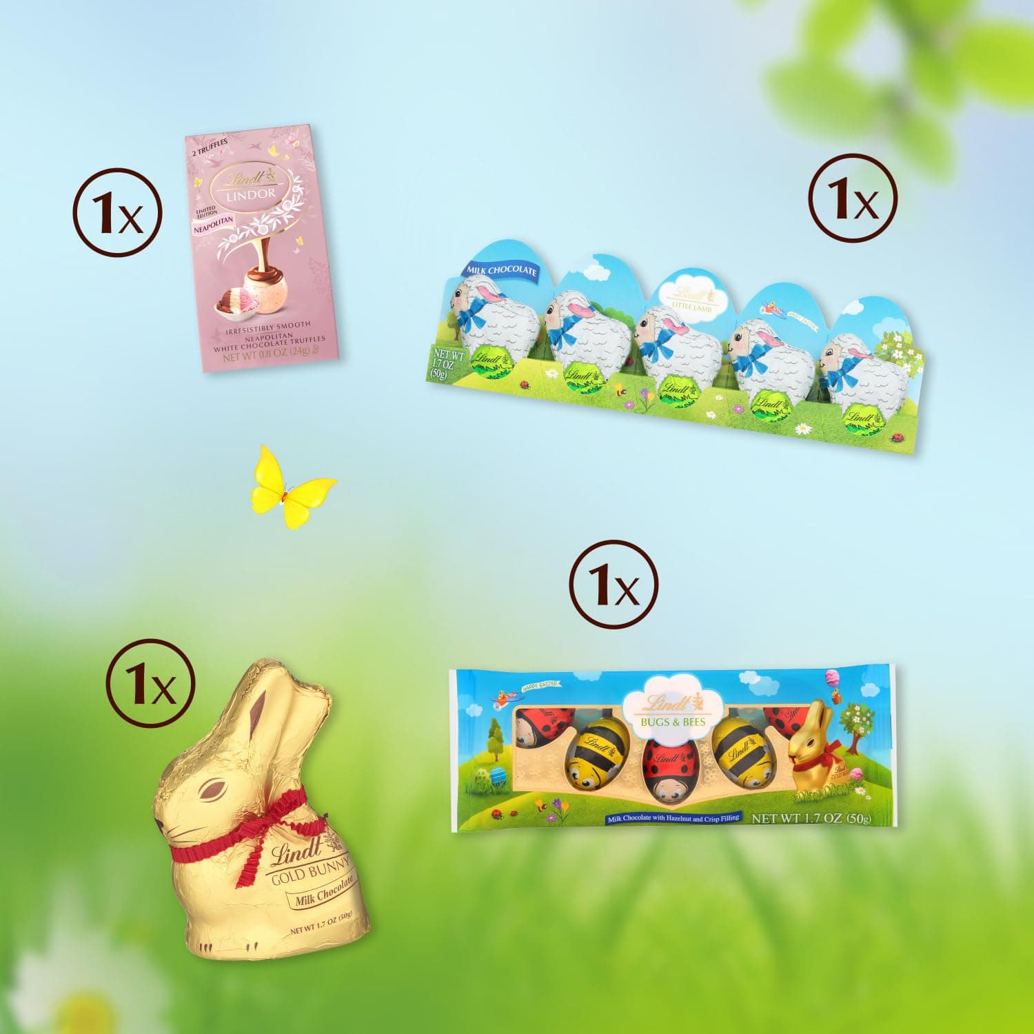 Lindt Easter Basket Chocolate Delight: GOLD BUNNY Milk Chocolate 1.7 oz, LINDOR Neapolitan Truffles 0.8 oz, Bugs &amp; Bees and Little Lambs 5-Packs 1.7 oz Each - Premium Gourmet Chocolate for Perfect Easter Gifts : Grocery &amp; Gourmet Food thumbnail 3
