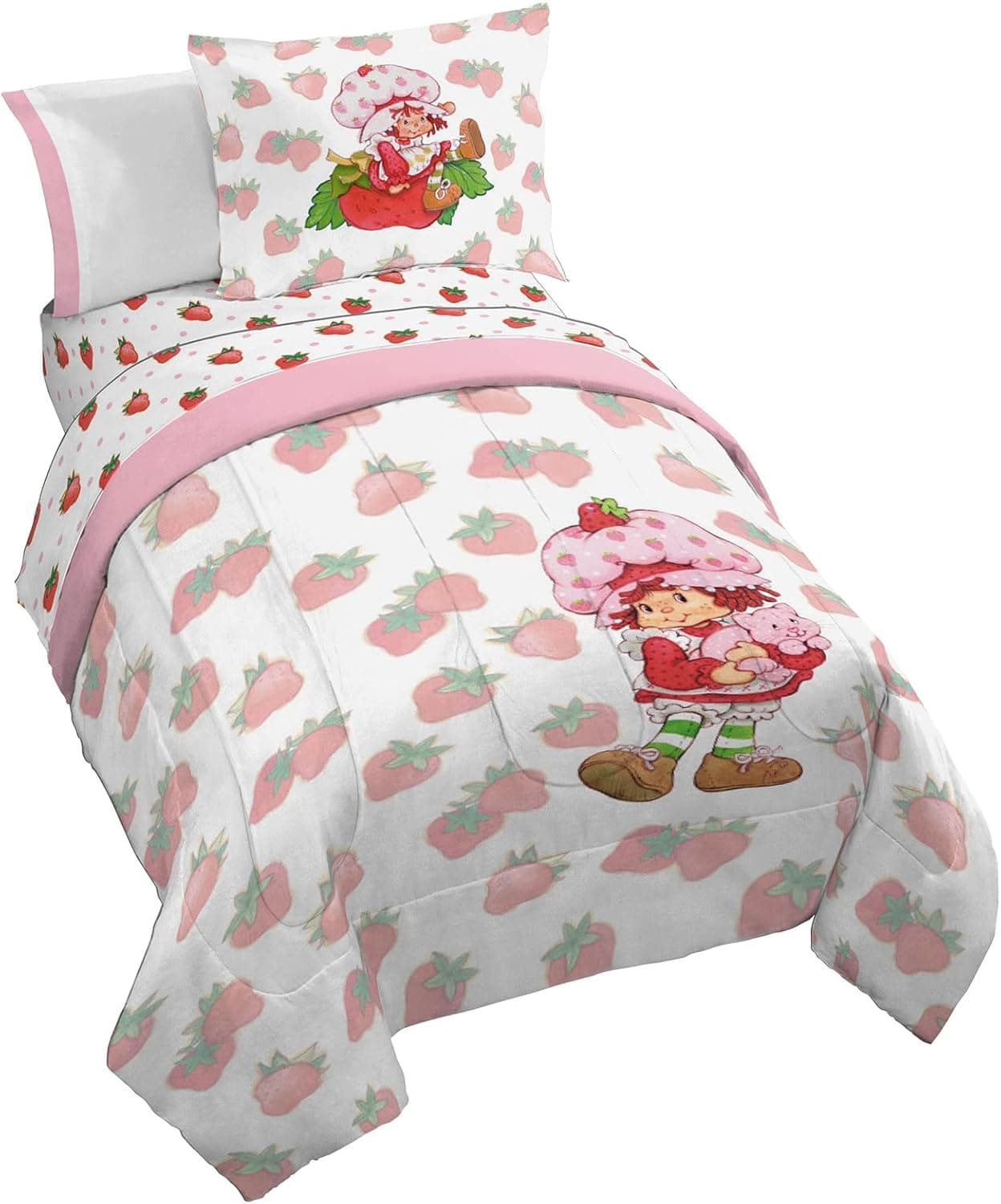 Jay Franco Strawberry Shortcake Full Comforter Set - 7 Piece Bedding Includes Sheet Set &amp; Pillow Covers - Super Soft Pink &amp; White Kids Bedding : Home &amp; Kitchen — Easter Gifts gift idea