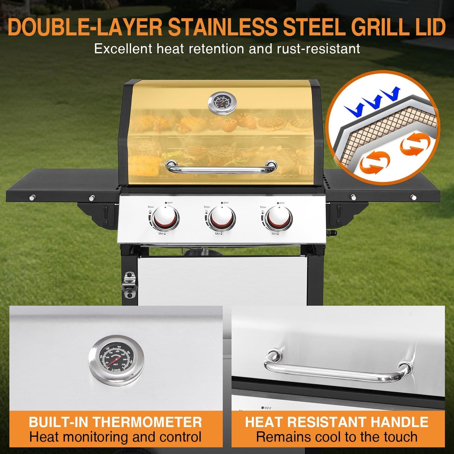 GRILL DEPOTS 3-Burner Propane Gas Grill with Folding Sides and Wheels thumbnail 5