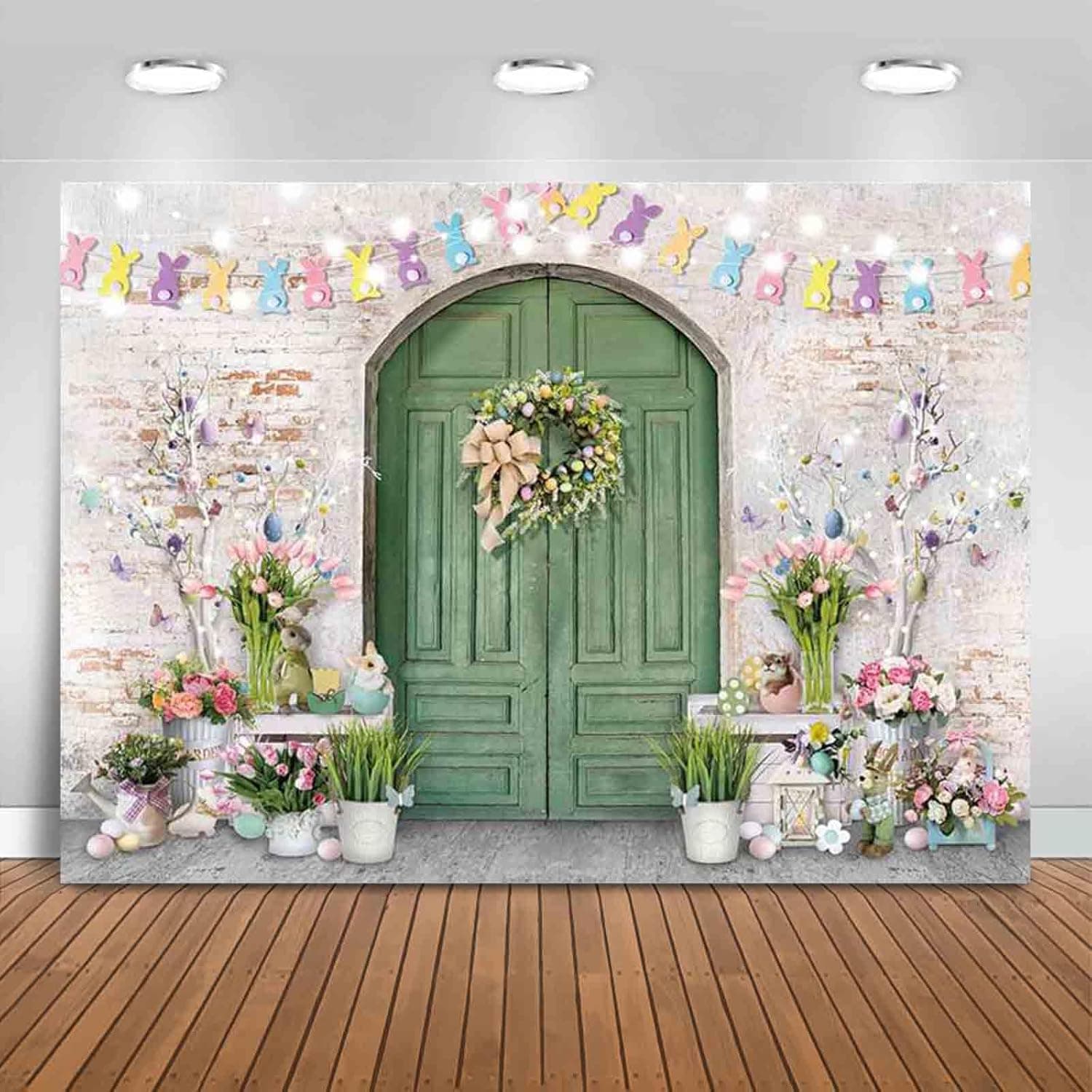 Mocsicka Easter Backdrop - Green Wooden Doors & Bunny Rabbit Design (7x5ft) view 1